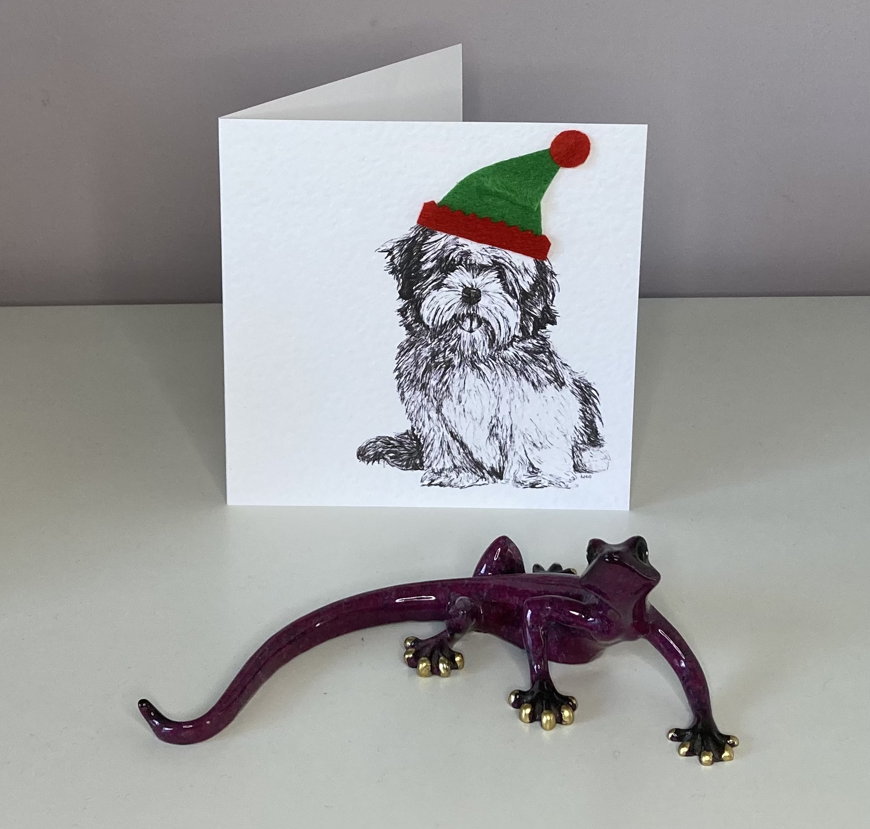 Lhasa Apso with elf hat Christmas card by Louisa Hill