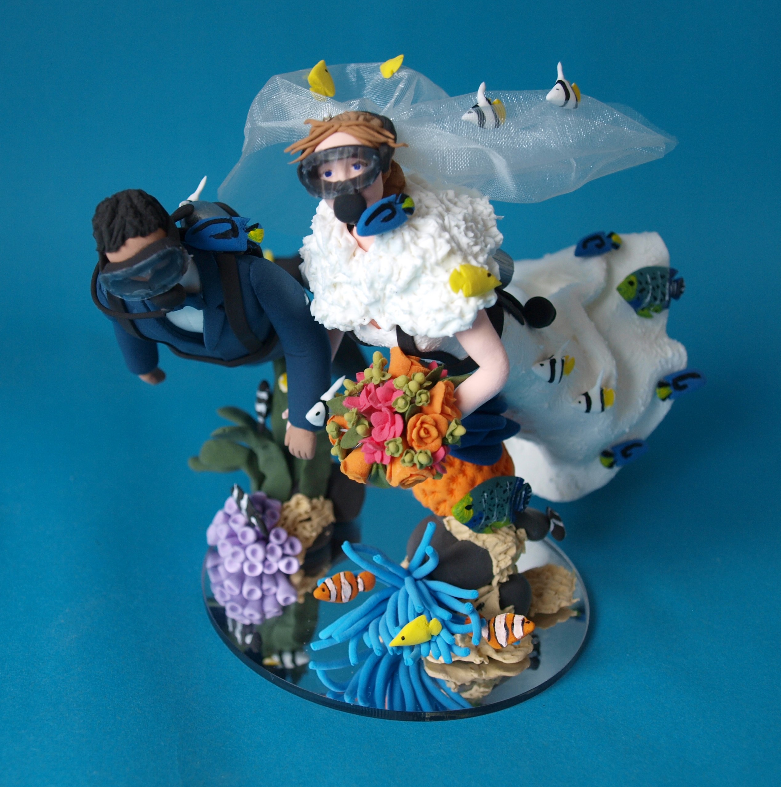 Scuba Diving Bride and groom wedding cake topper by Louisa Hill