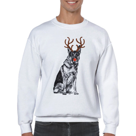 German Shepherd with reindeer antlers and red nose Christmas jumper by Louisa Hill