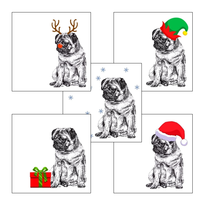 Pug with reindeer antlers and red nose Christmas card by Louisa Hill