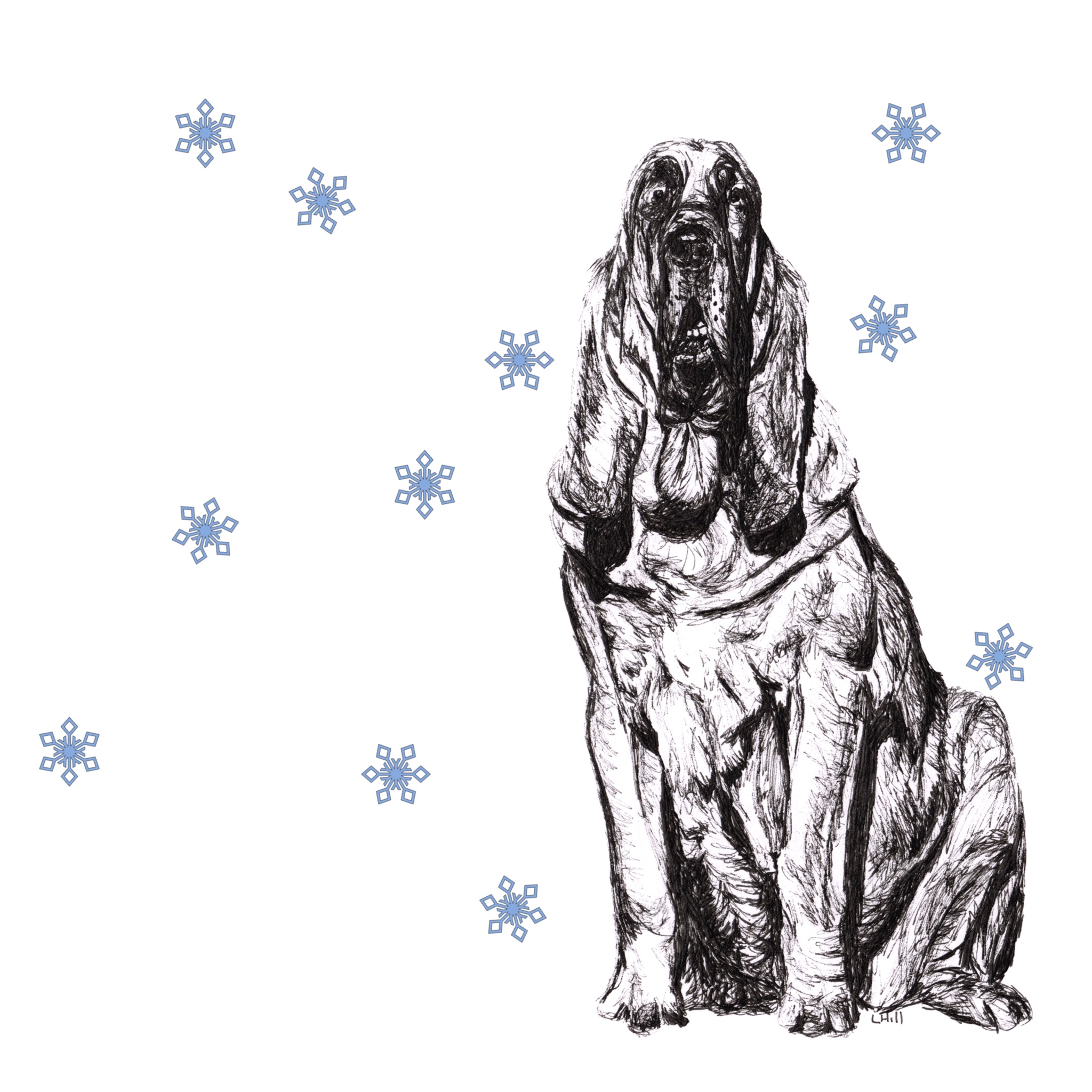 Bloodhound with reindeer antlers and red nose Christmas card by Louisa Hill