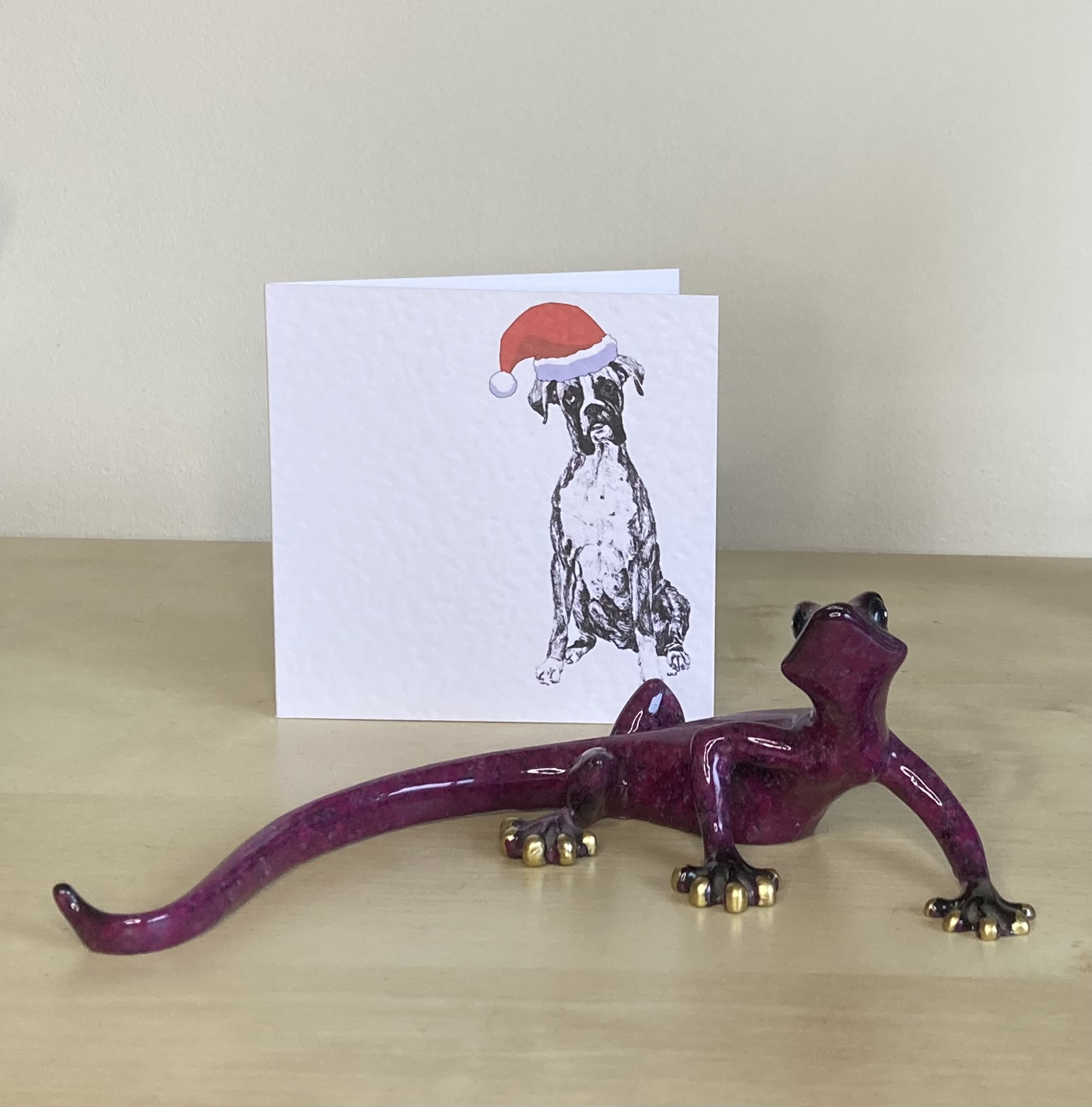 Boxer with Santa hat Christmas card by Louisa Hill