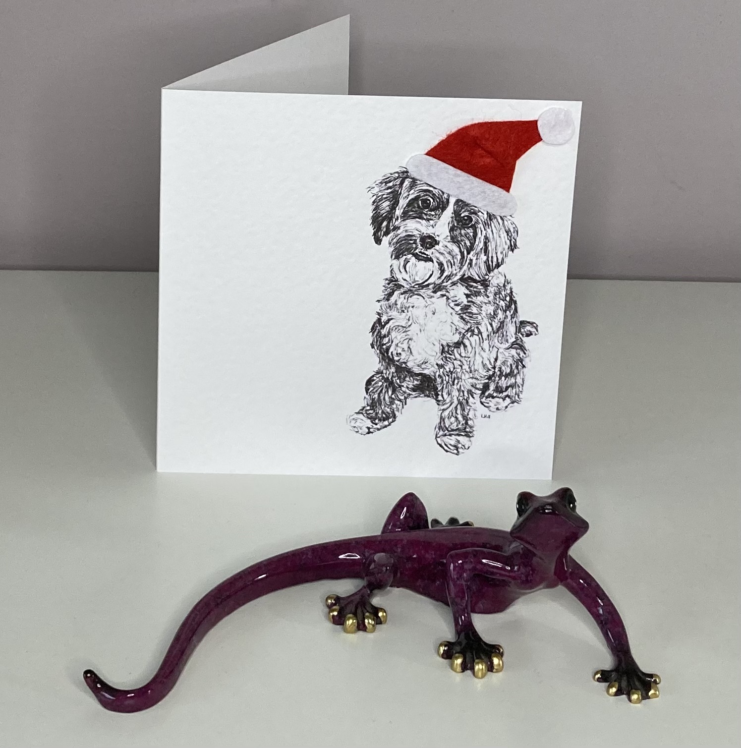 Cavapoo with Santa hat Christmas card by Louisa Hill