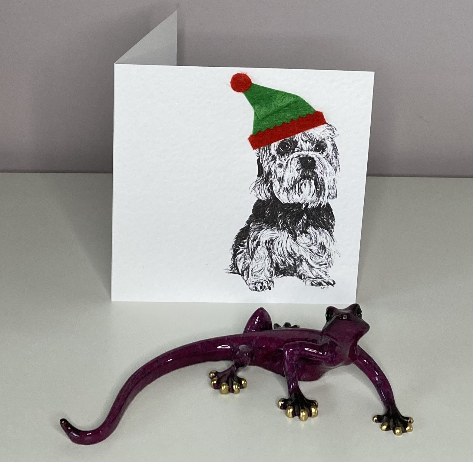 Dandie Dinmont Terrier with elf hat Christmas card by Louisa Hill