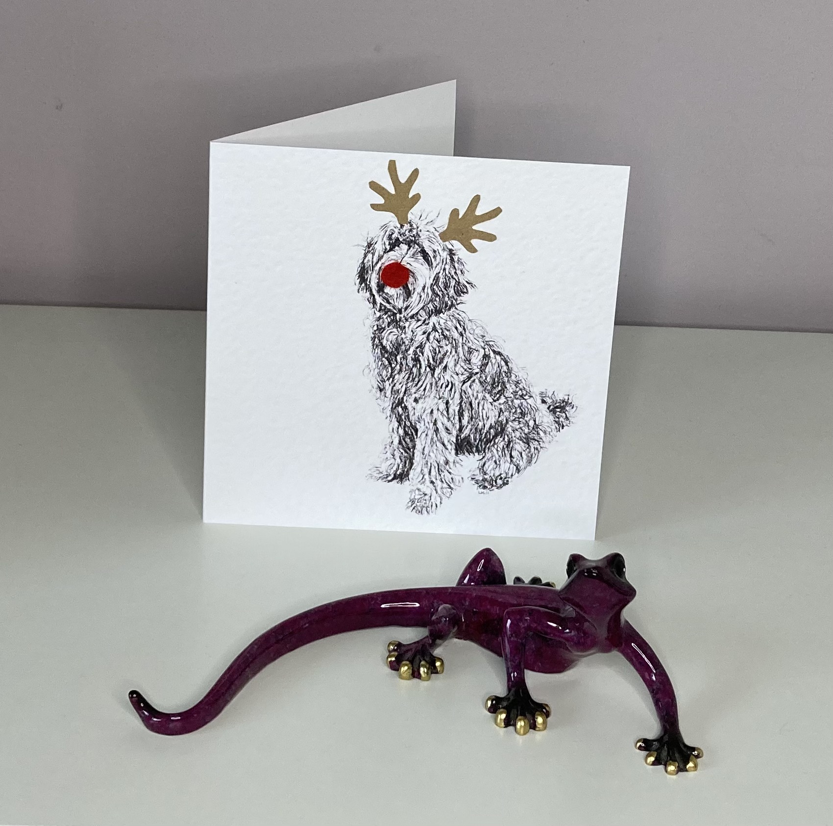 Ladradoodle with reindeer antlers and red nose Christmas card by Louisa Hill