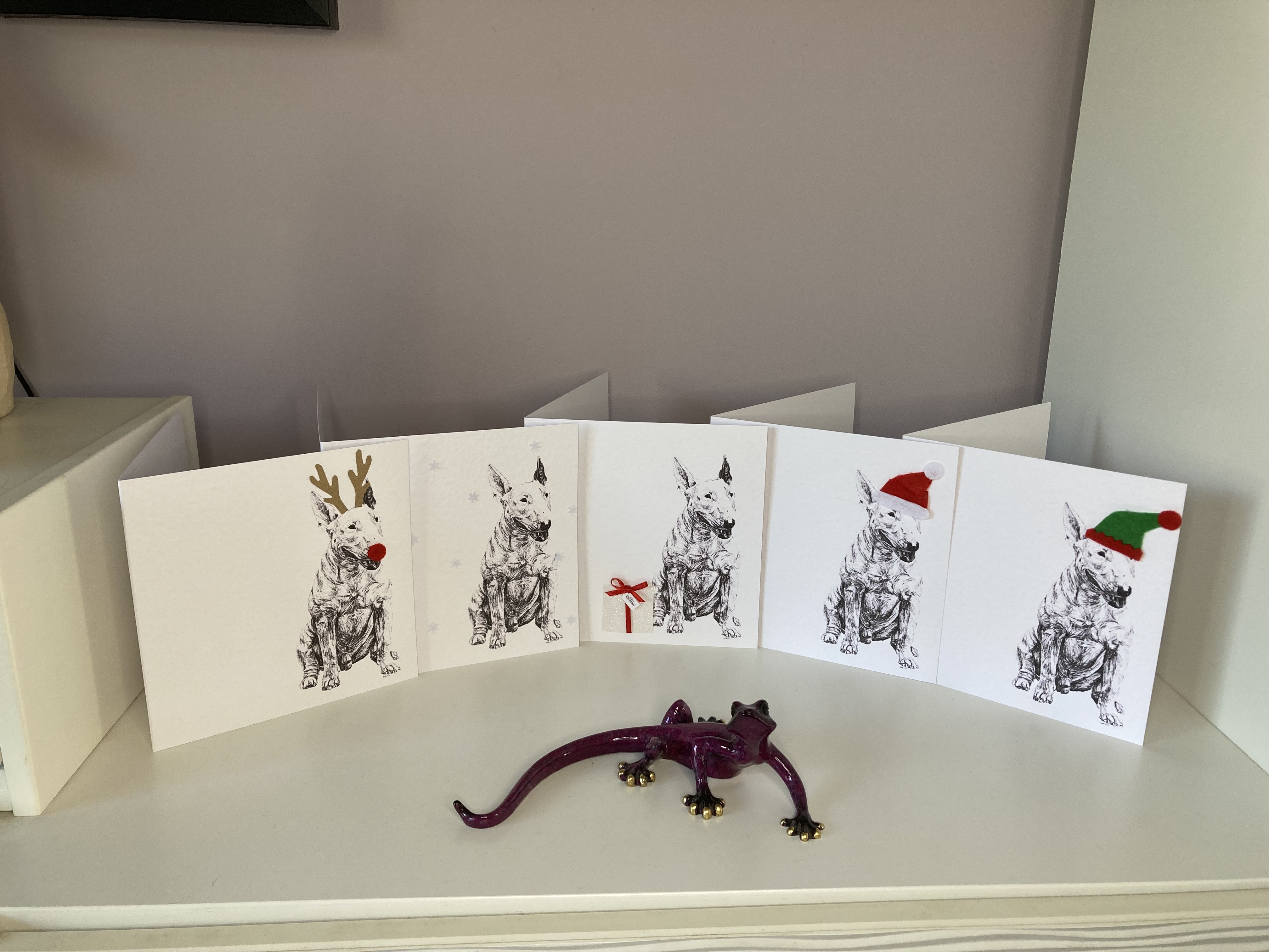 Pack of 5 English Bull Terrier Christmas cards by Louisa Hill