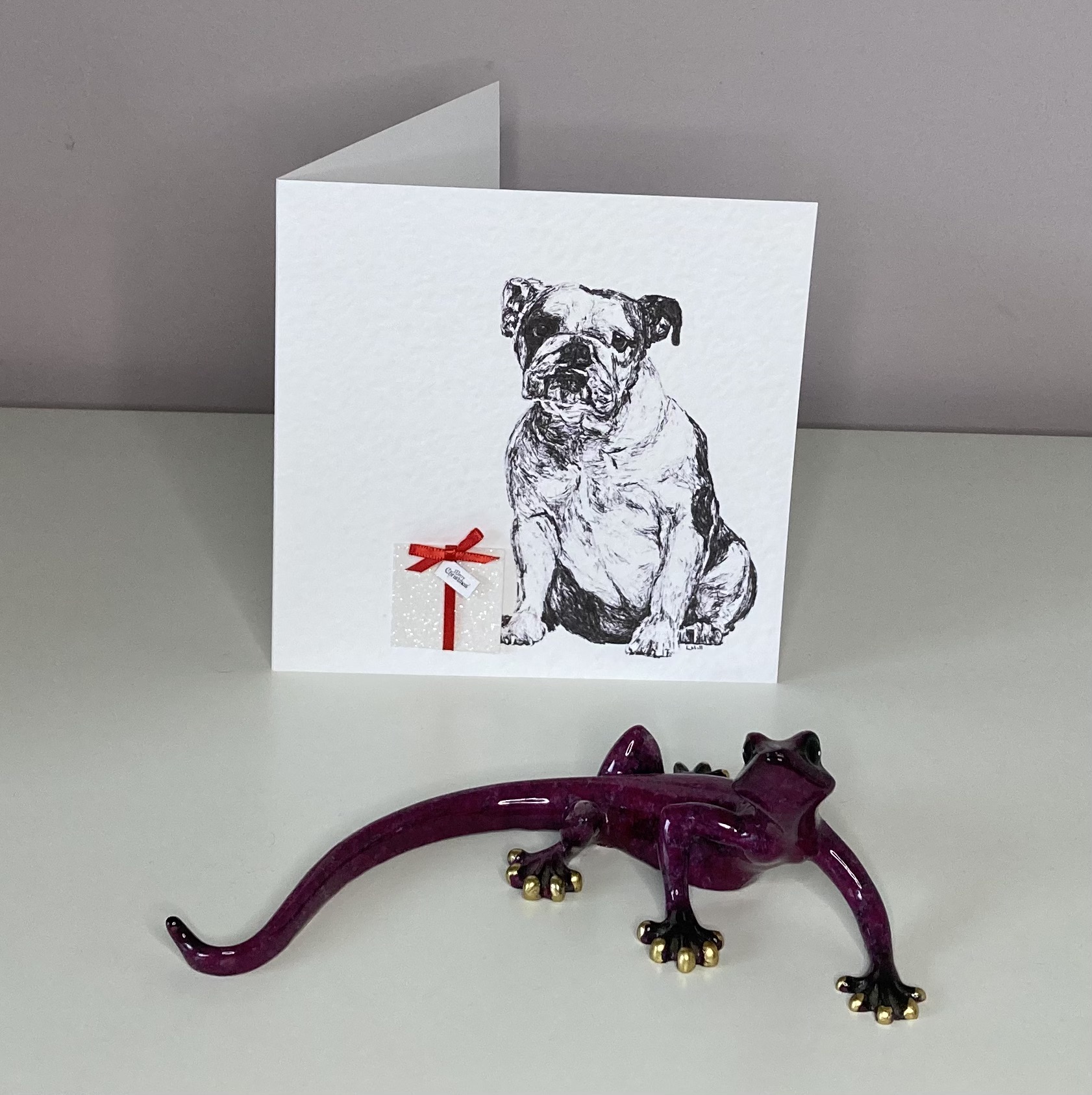 English Bulldog with Christmas present Christmas card by Louisa Hill