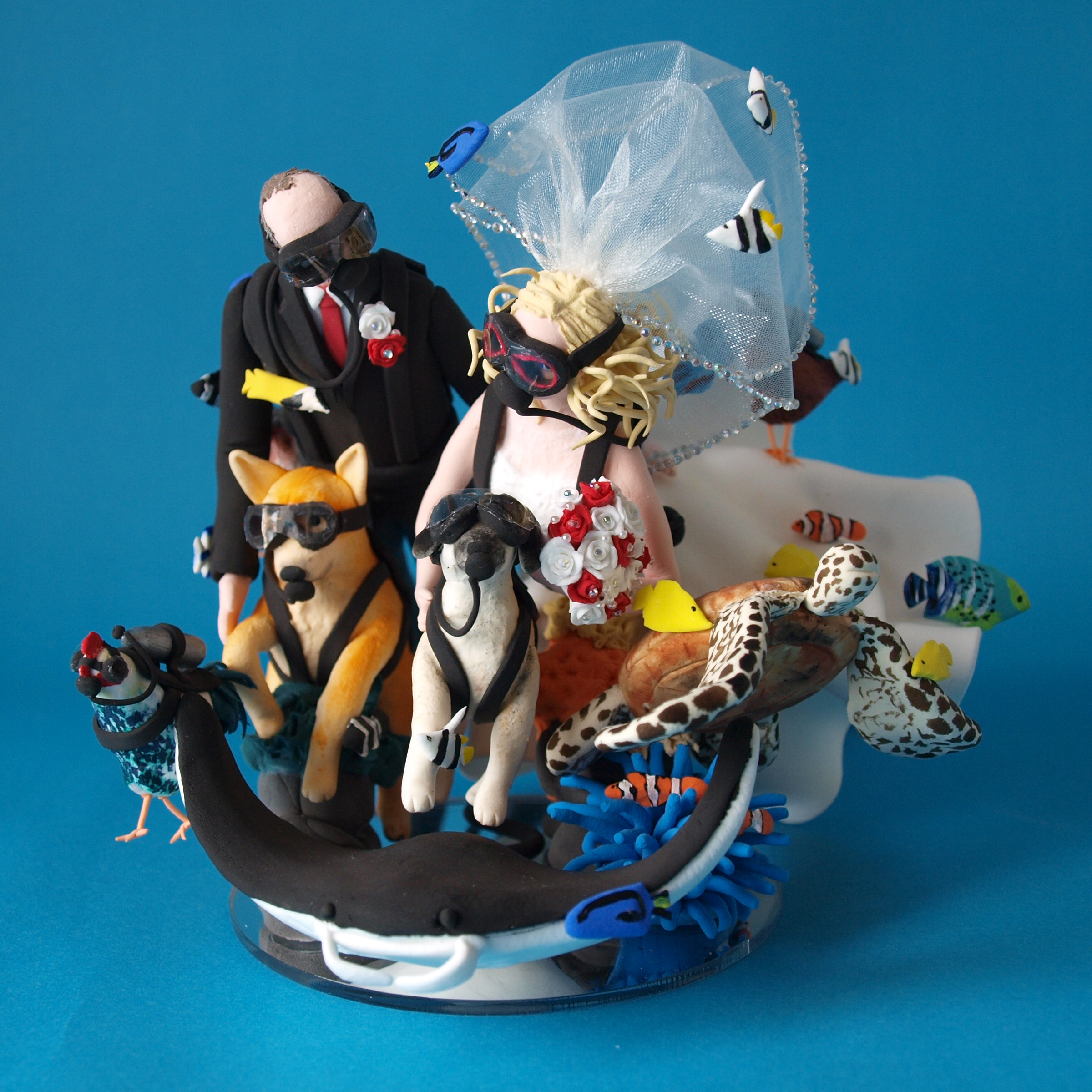 Scuba Diving Bride and groom with manta ray, sea turtle, scuba diving dogs and scuba diving chickens wedding cake topper by Louisa Hill