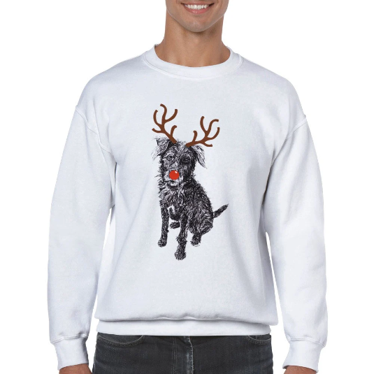 Patterdale Terrier with reindeer antlers and red nose Christmas jumper by Louisa Hill