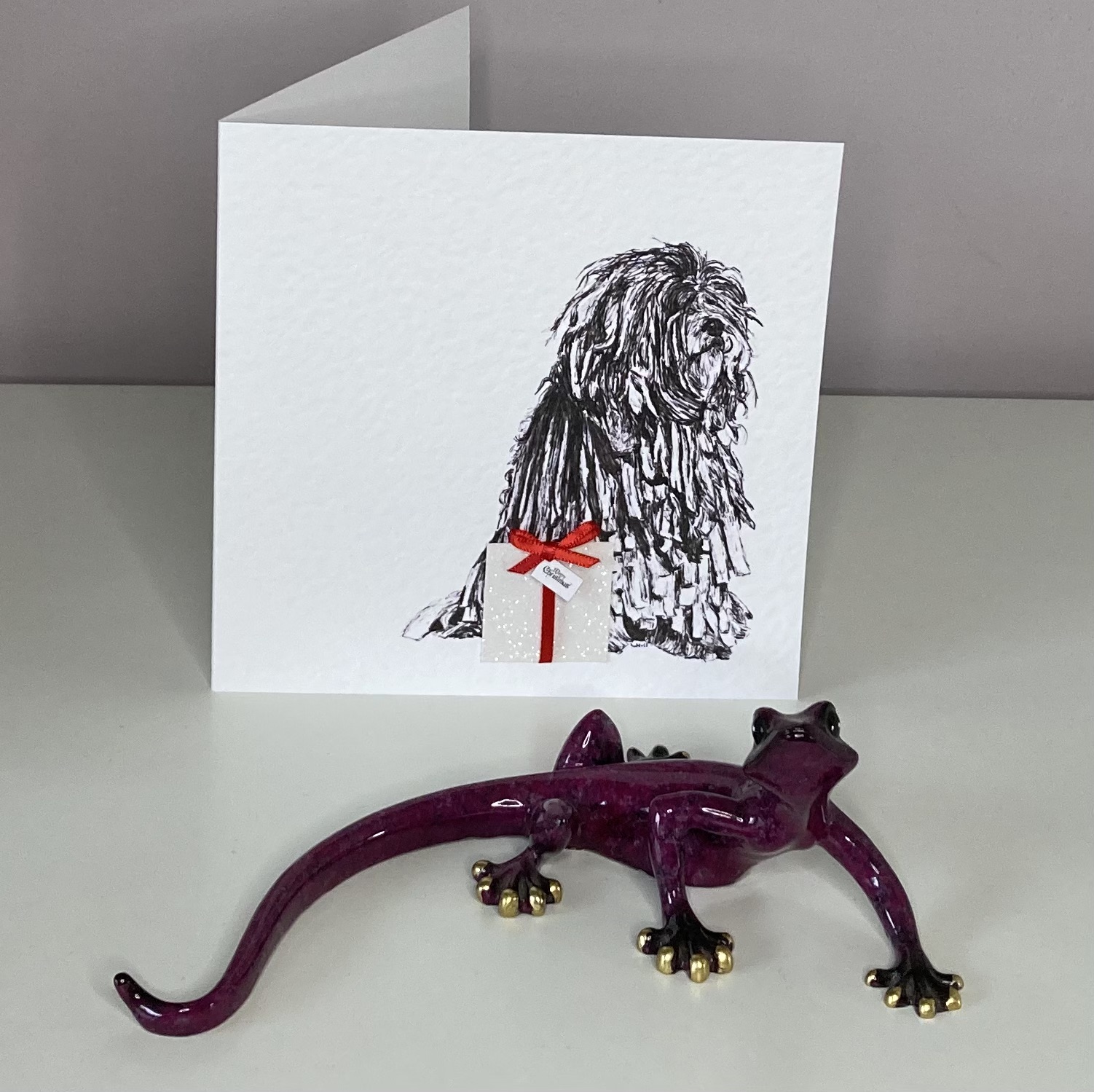 Bergamasco with Christmas present Christmas card by Louisa Hill