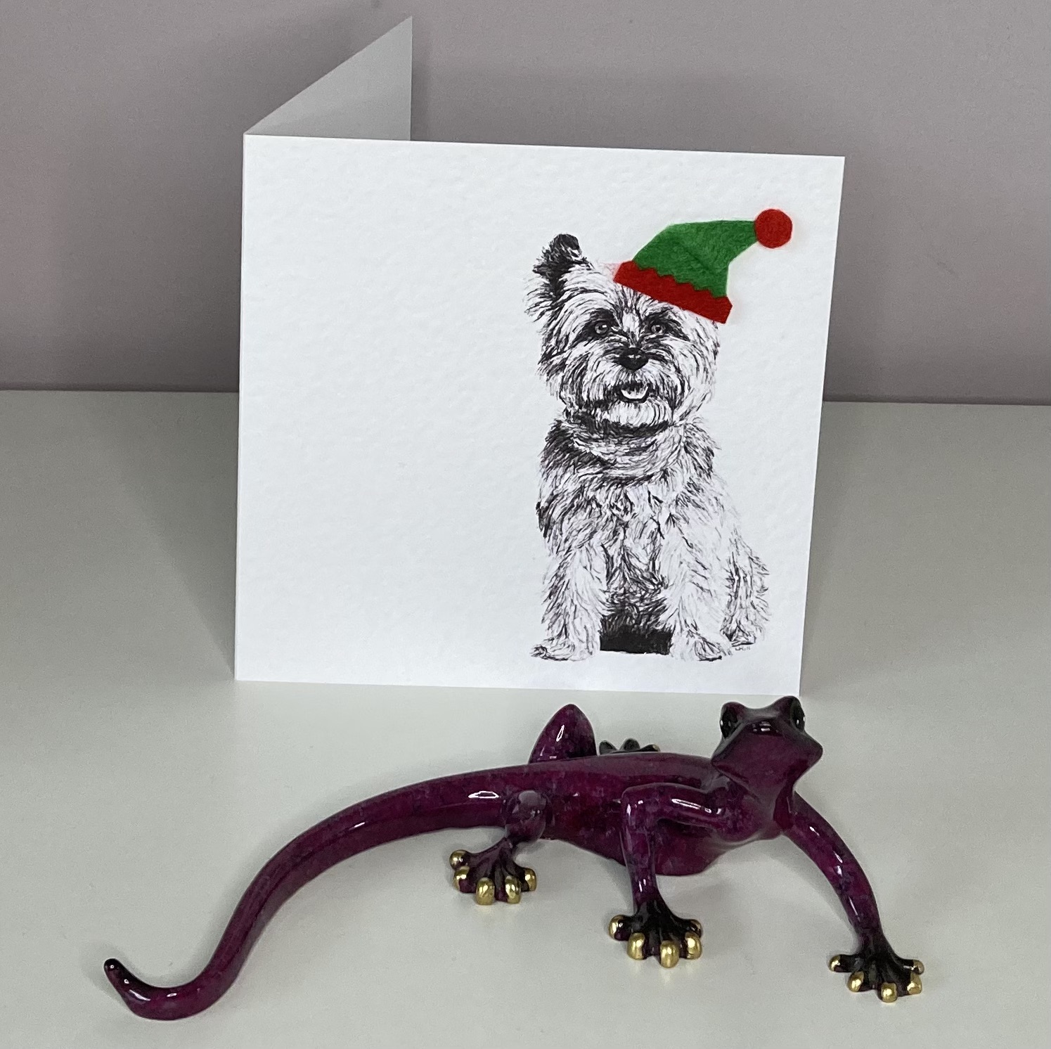 Cairn Terrier with elf hat Christmas card by Louisa Hill