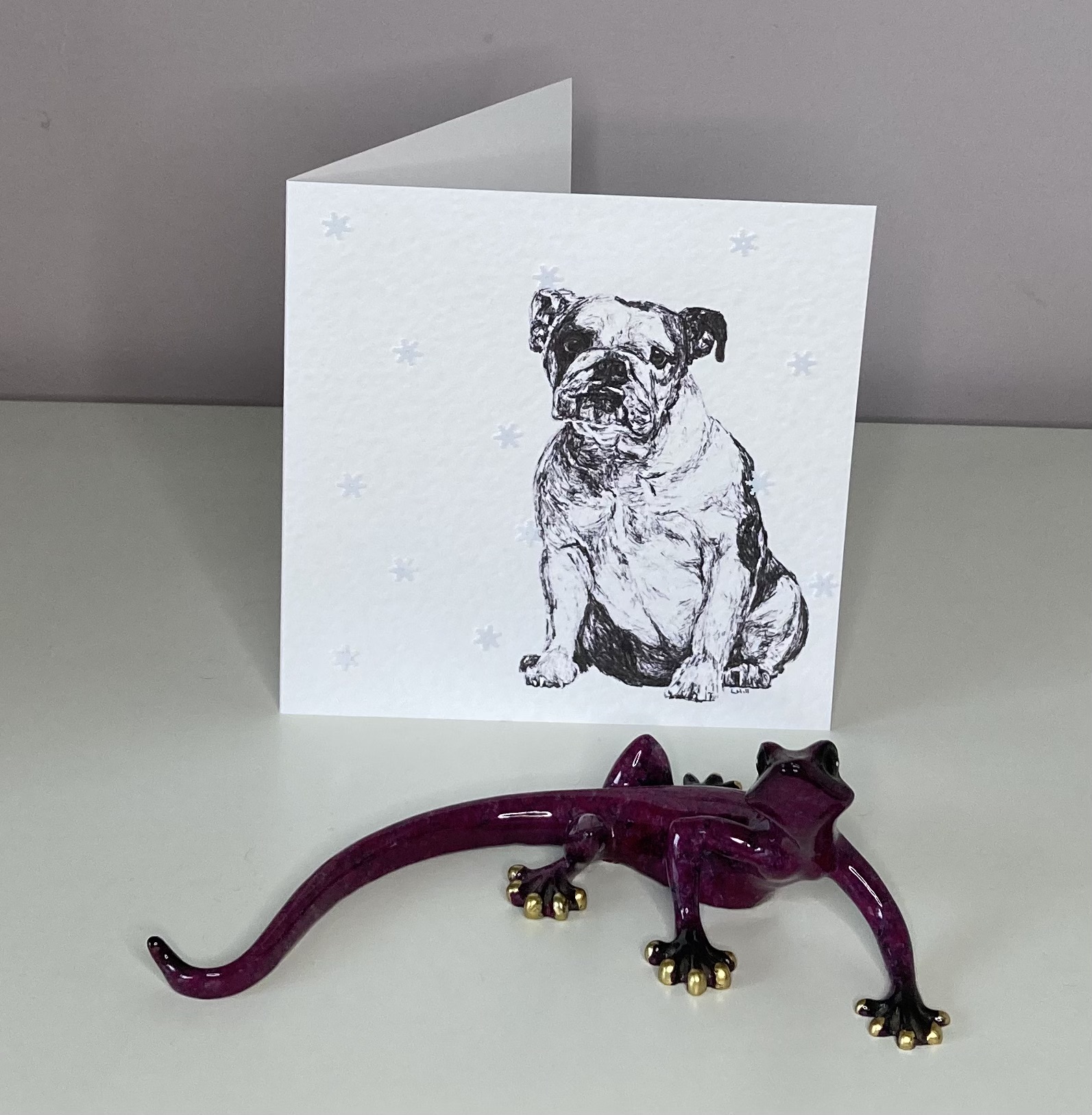 English Bulldog with reindeer antlers and red nose Christmas card by Louisa Hill