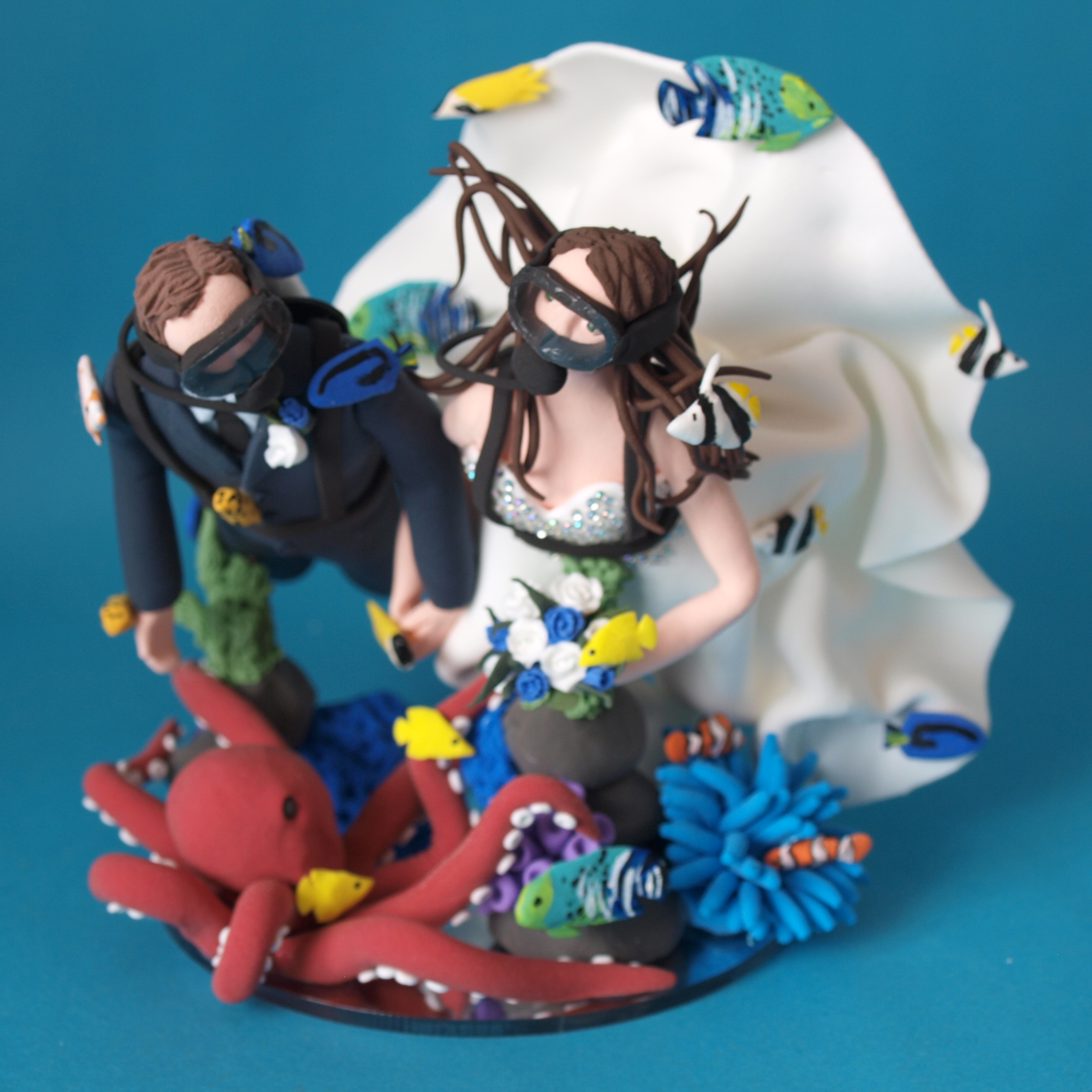 Scuba Diving Bride and groom with octopus wedding cake topper by Louisa Hill