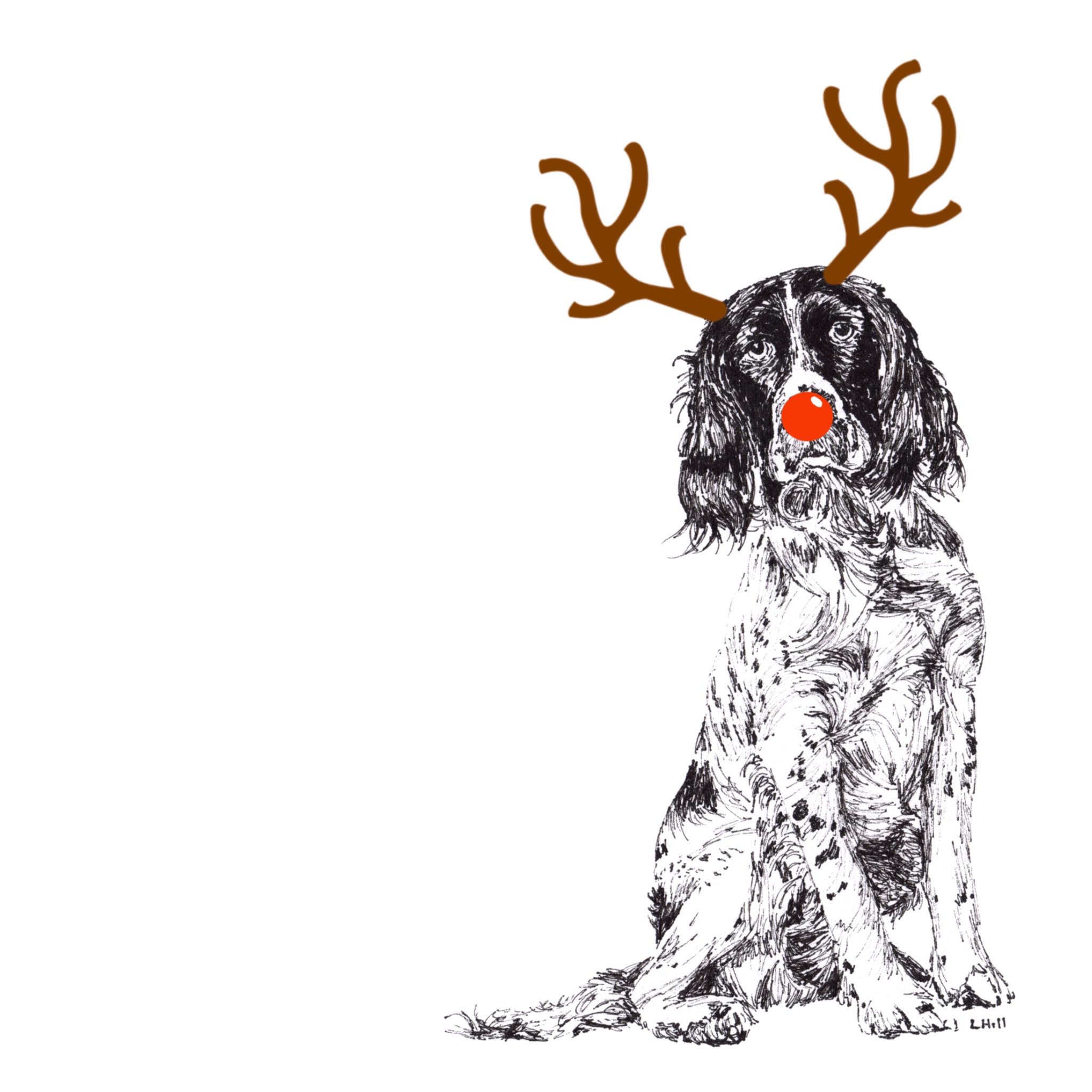 Springer Spaniel with reindeer antlers and red nose Christmas card by Louisa Hill