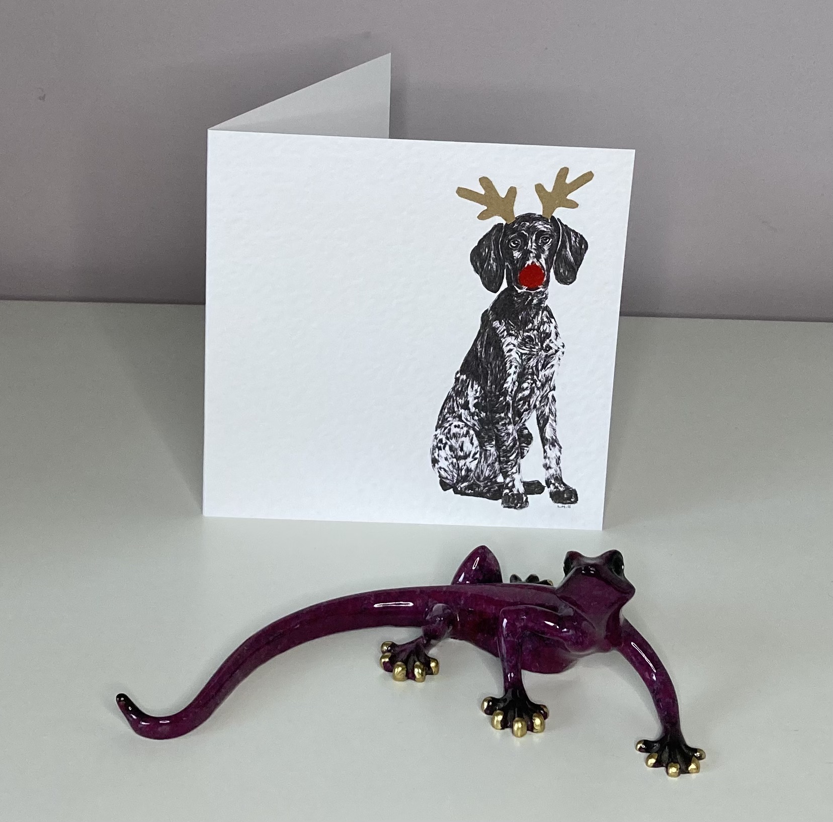 German Short Haired Pointer with reindeer antlers and red noseChristmas card by Louisa Hill