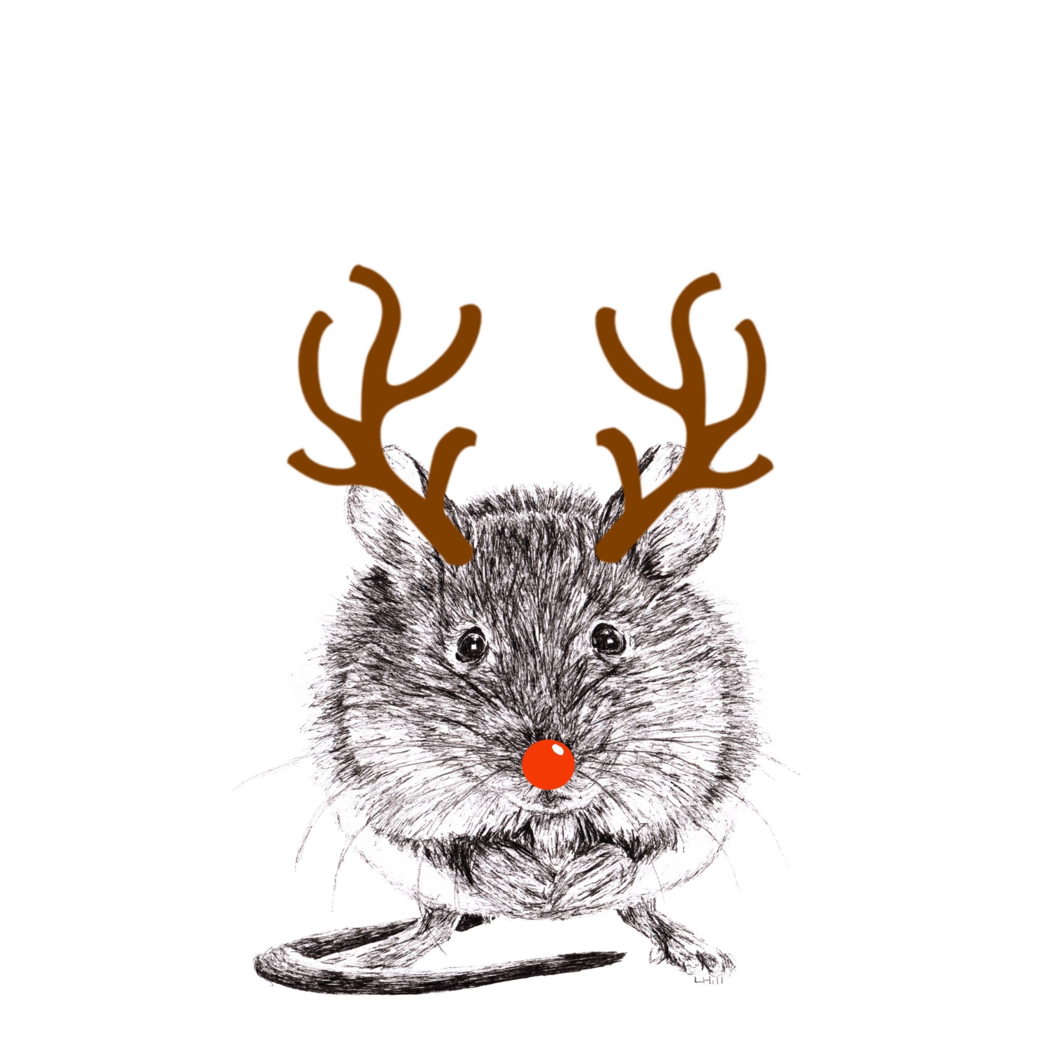 Mouse with reindeer antlers and red nose Christmas cards by Louisa Hill