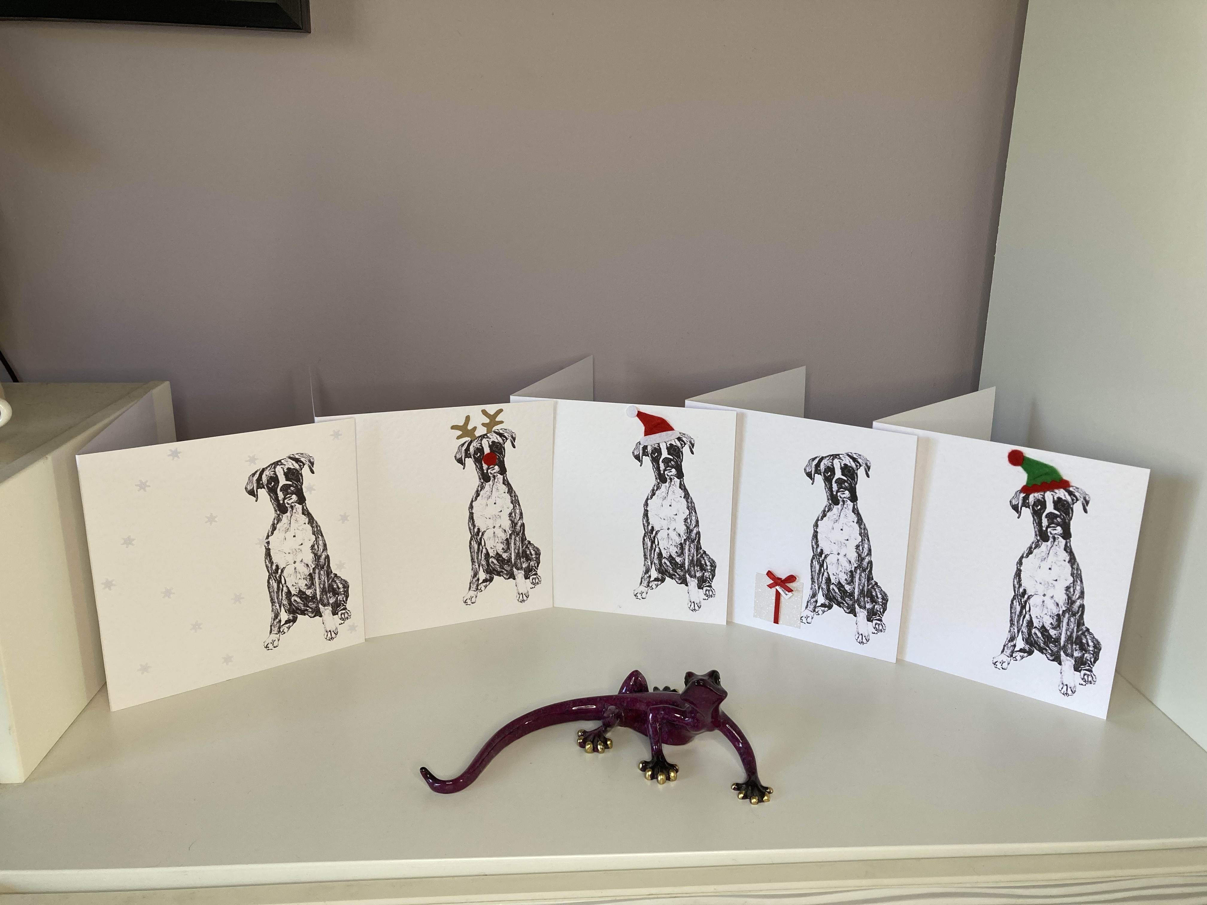 Pack of 5 Boxer Christmas cards by Louisa Hill