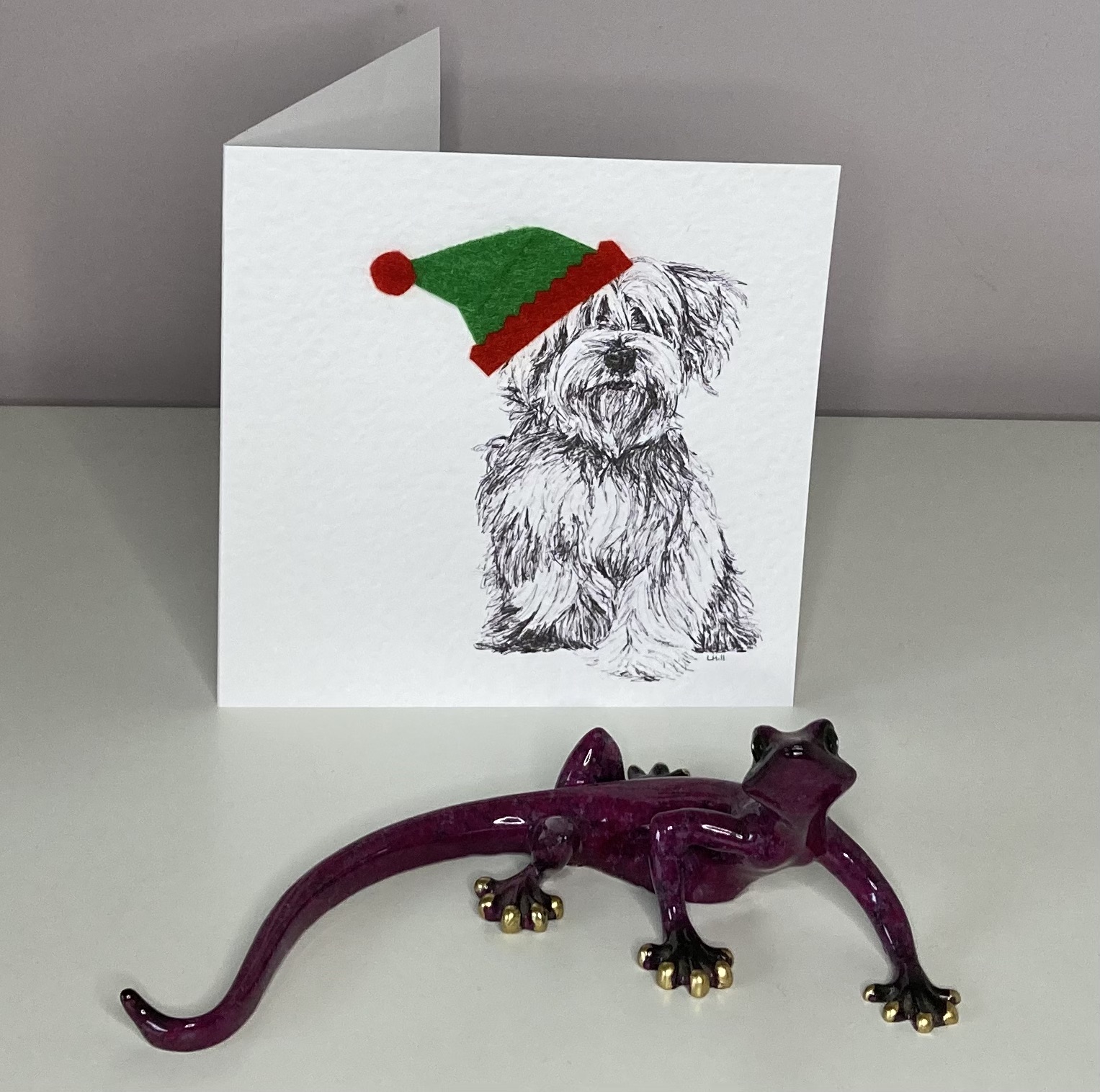 Maltese Terrier with elf hat Christmas card by Louisa Hill