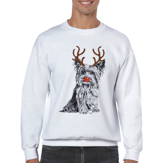 Yorkshire Terrier with reindeer antlers and red nose Christmas jumper by Louisa Hill