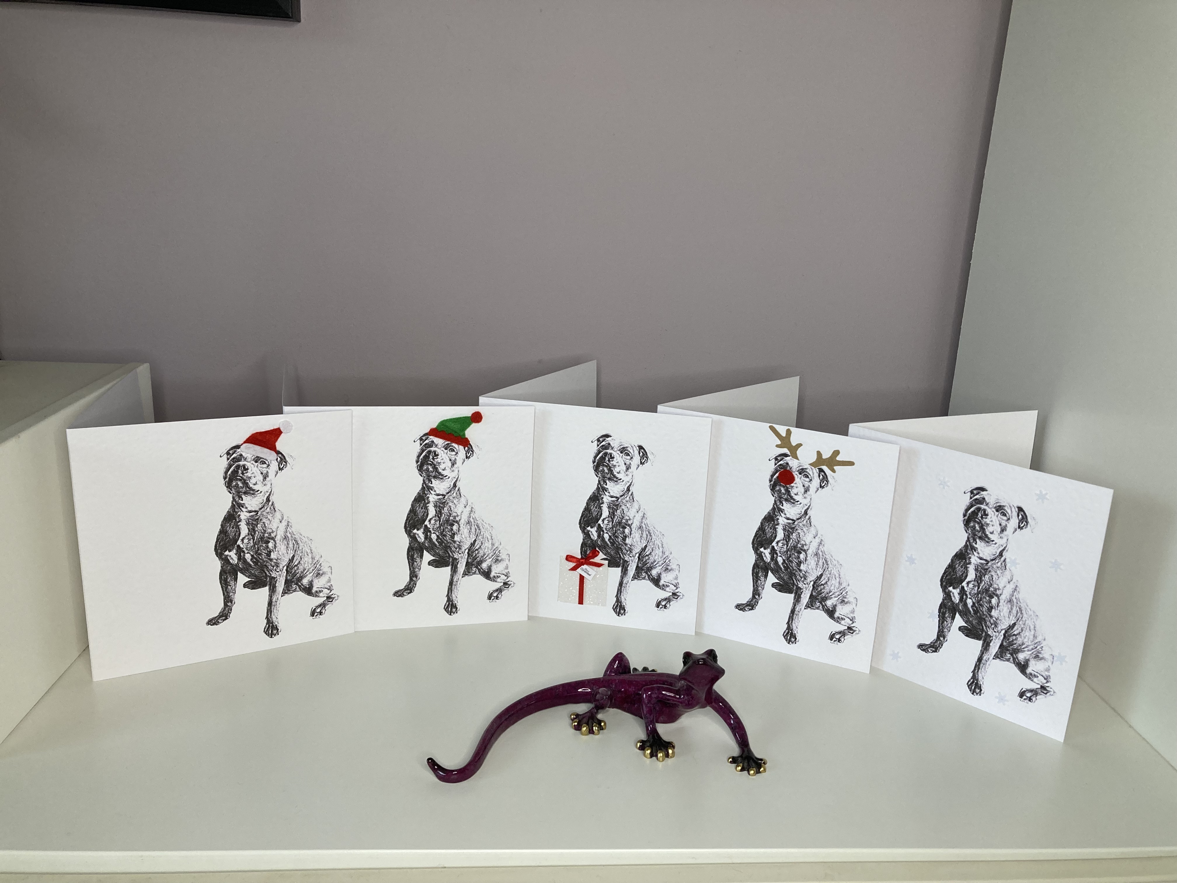 Pack of 5 Staffordshire Bull Terrier Christmas cards by Louisa Hill