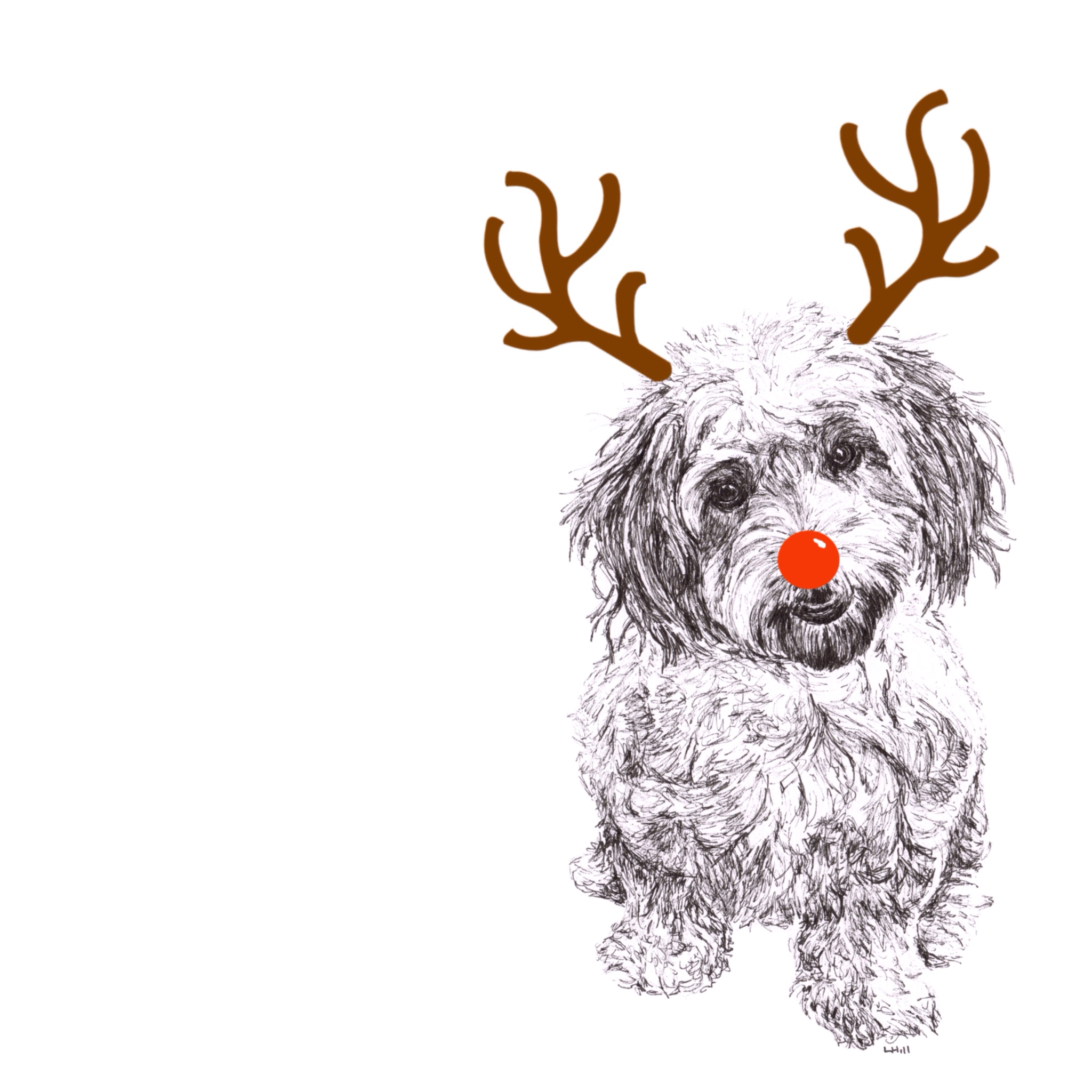 Cavachon with reindeer antlers and red nose Christmas card by Louisa Hill