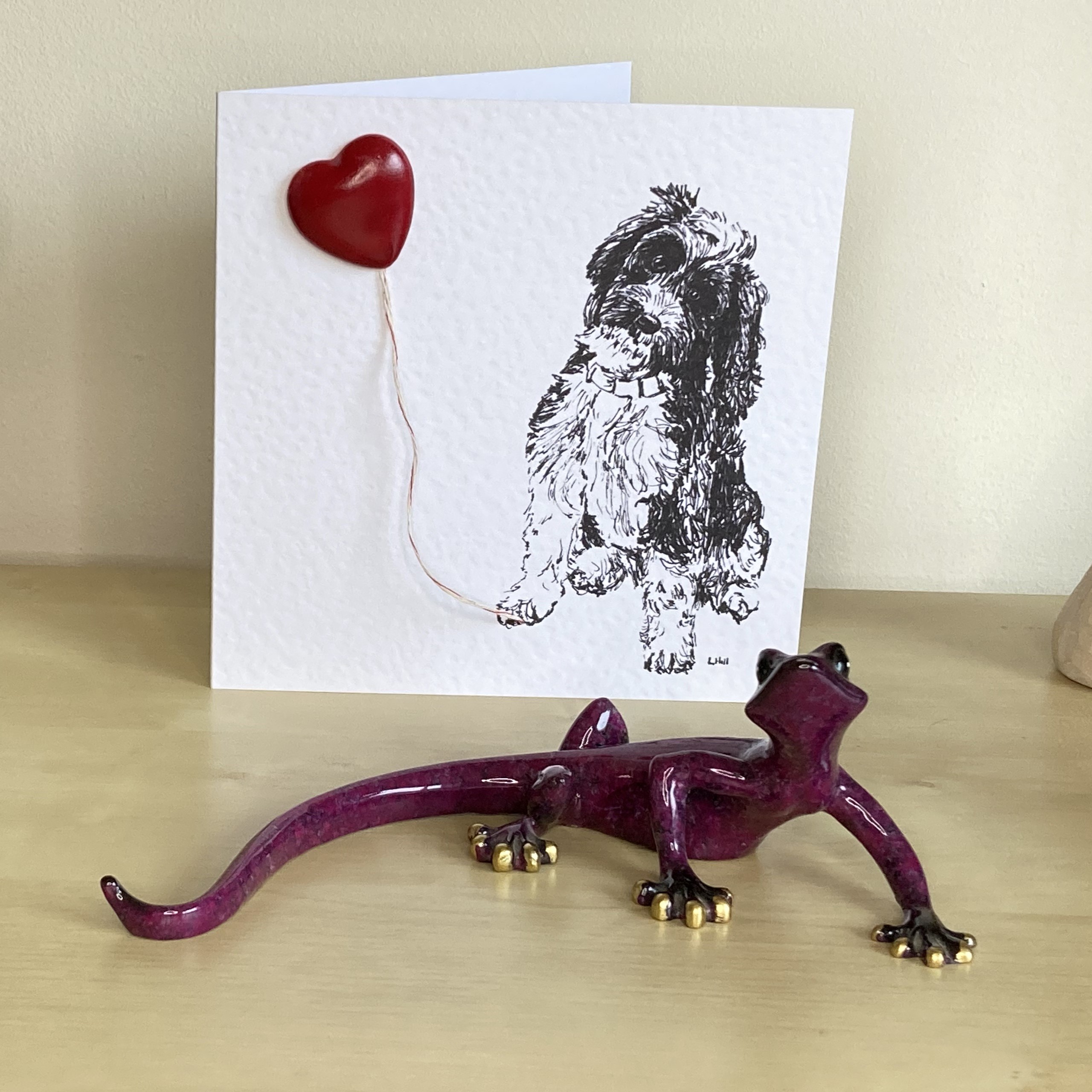 Cockapoo 15cm greetings card with 3D red heart balloon