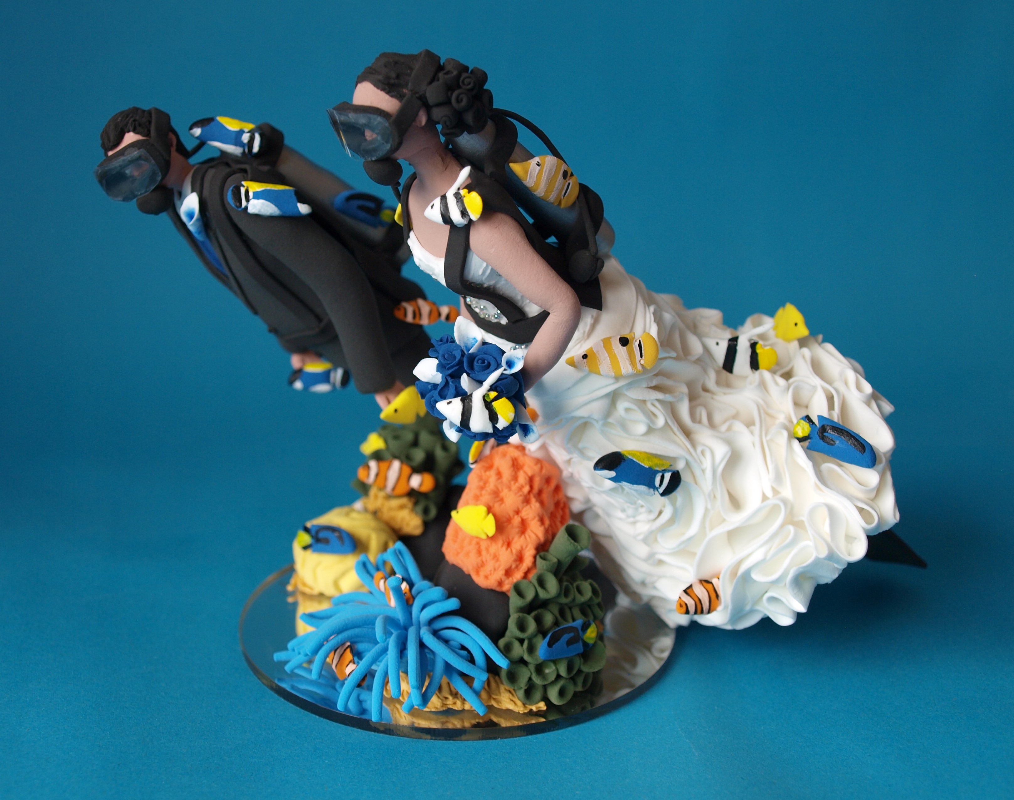 Scuba Diving Bride and groom wedding cake topper by Louisa Hill