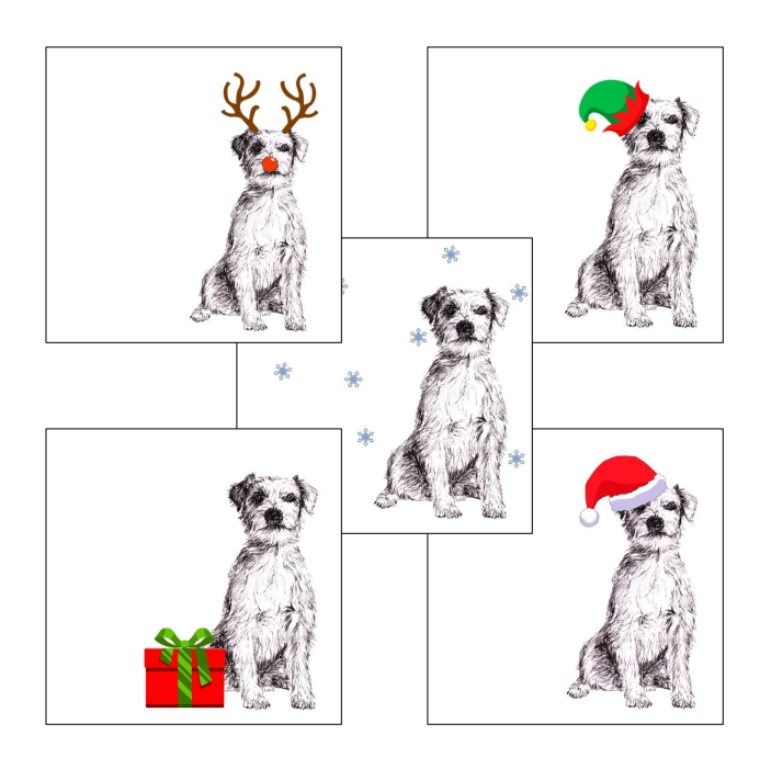 Parson Russell Terrier with reindeer antlers and red nose Christmas card by Louisa Hill