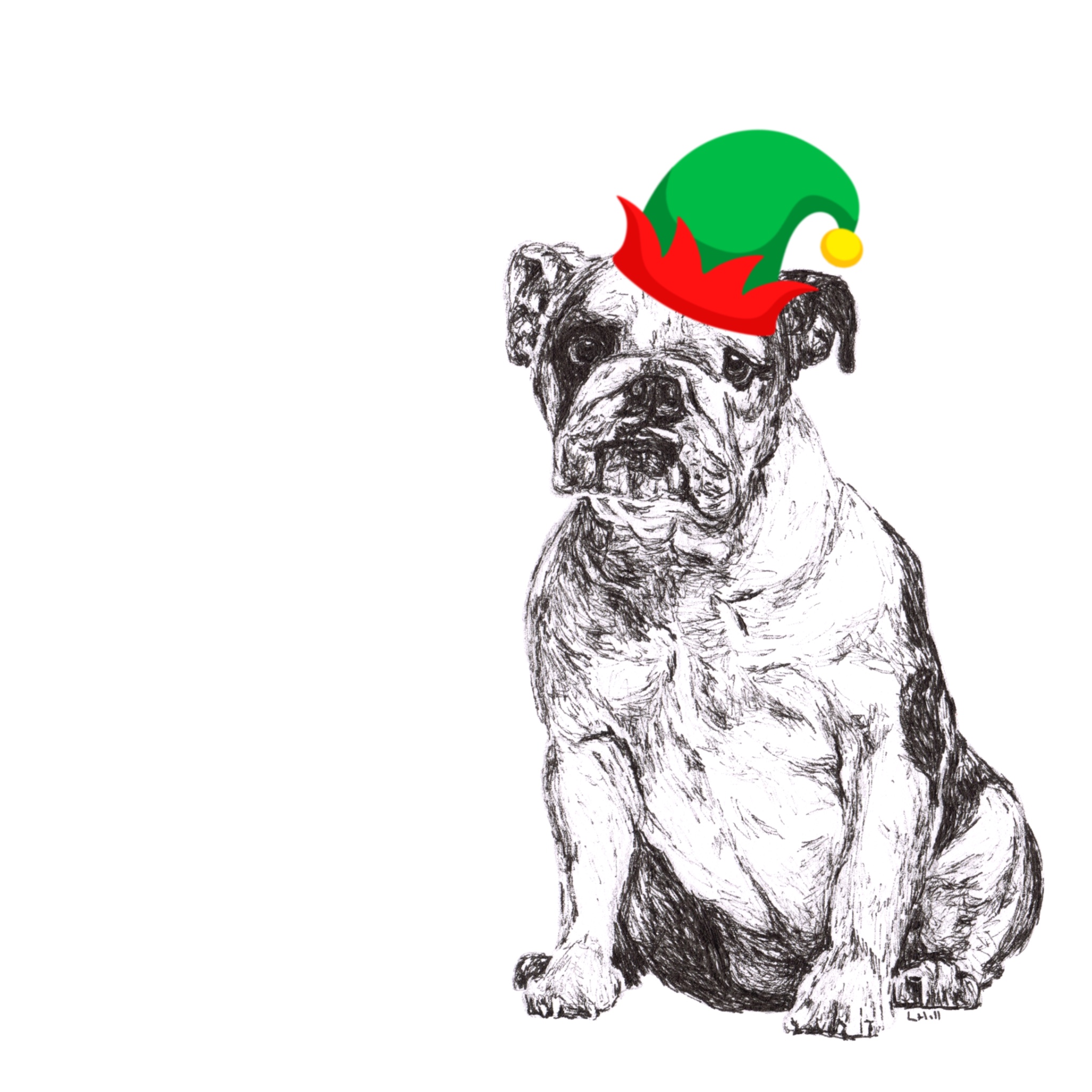 English Bulldog with Santa hat Christmas card by Louisa Hill