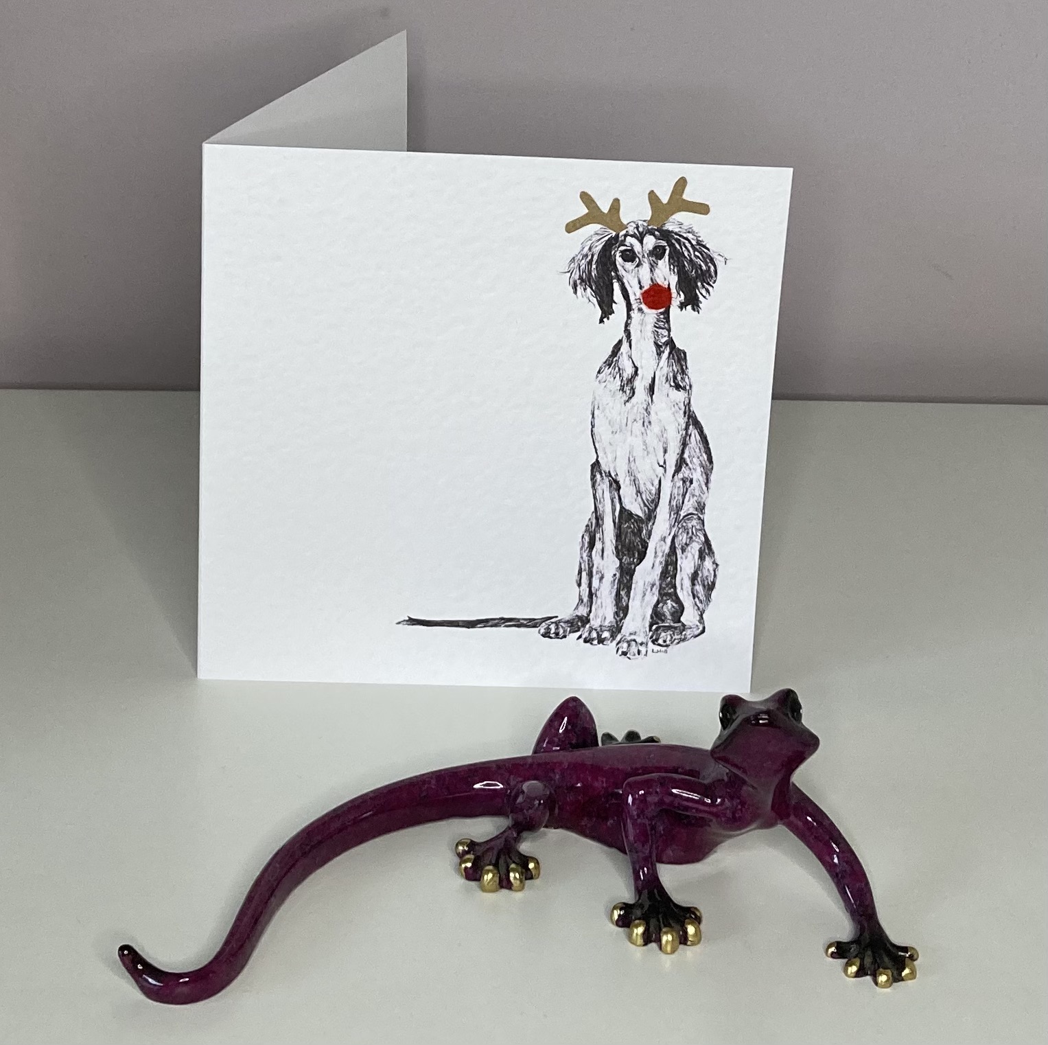 Saluki with reindeer antlers and red nose Christmas card by Louisa Hill