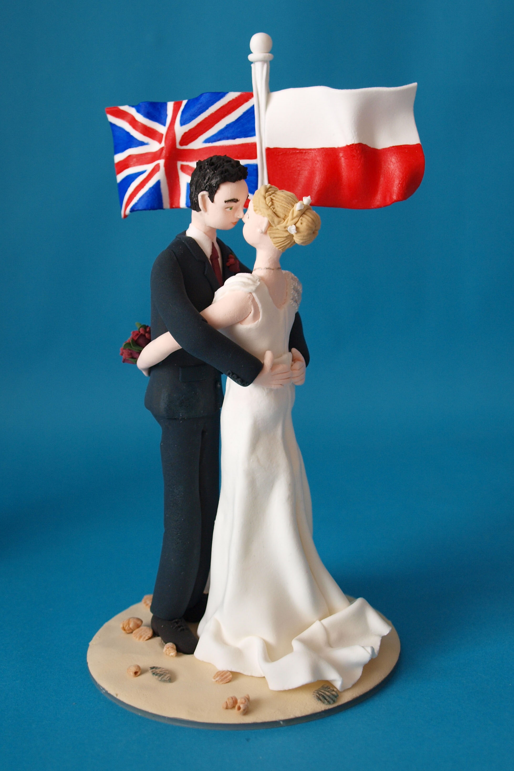 Bride and groom with flags wedding cake topper with cats by Louisa Hill