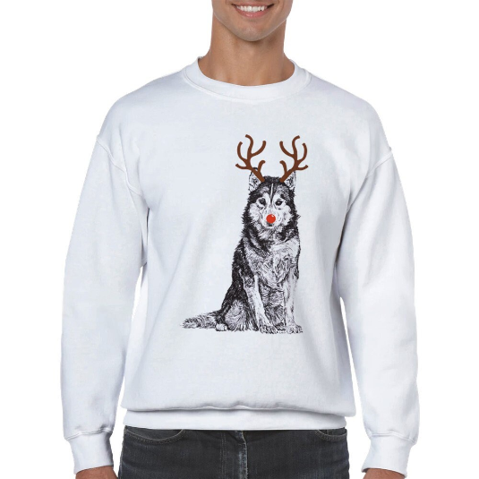 Siberian Husky with reindeer antlers and red nose Christmas jumper by Louisa Hill