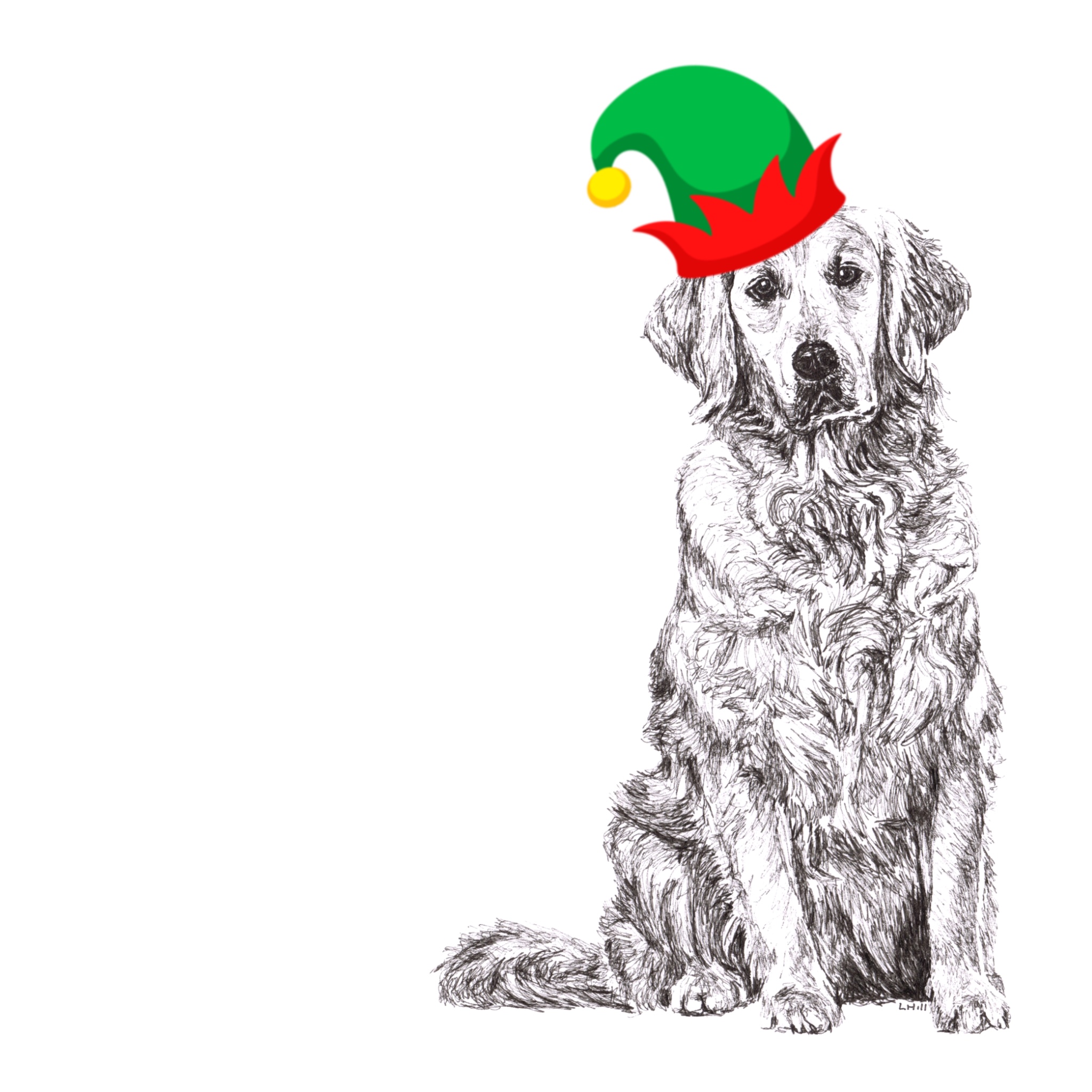 Golden Retriever with reindeer antlers and red nose Christmas card by Louisa Hill