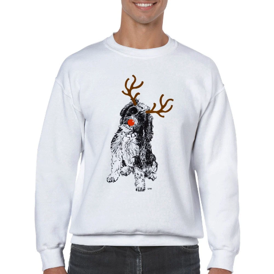 Cockapoo with reindeer antlers and red nose Christmas jumper by Louisa Hill