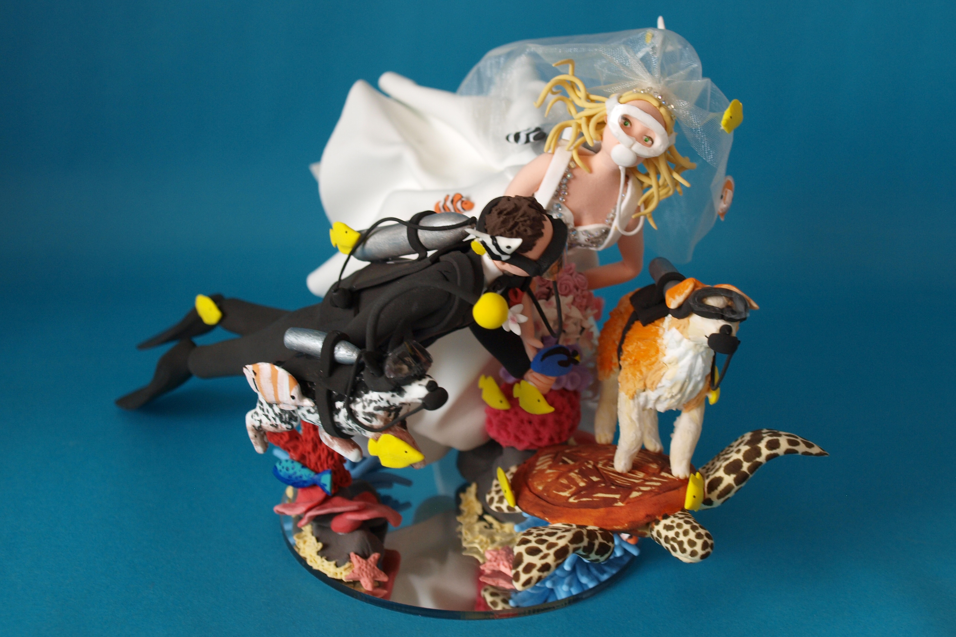 Scuba Diving Bride and groom with sea turtle and scuba diving dogs wedding cake topper by Louisa Hill