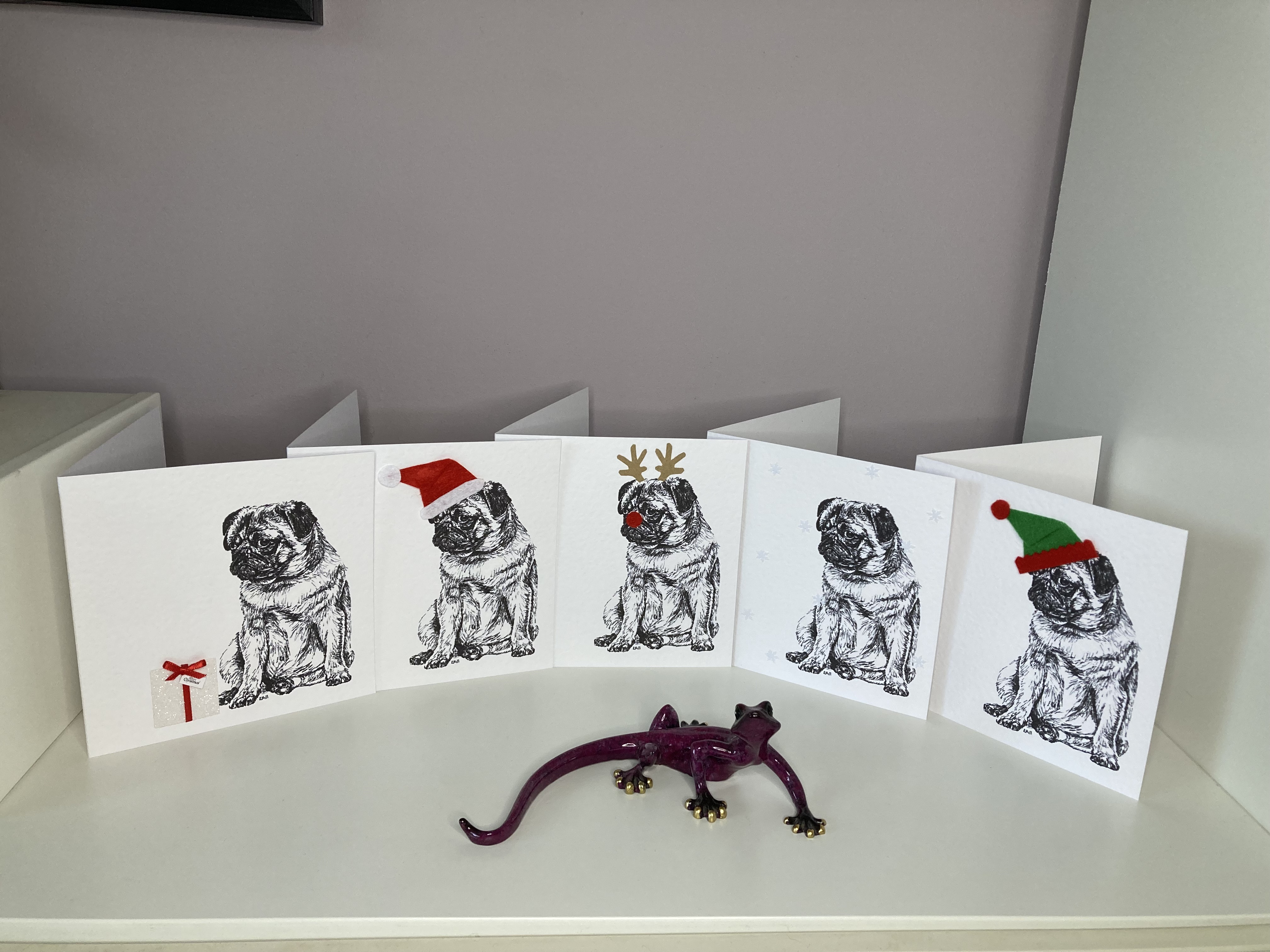 Pack of 5 Pug Christmas cards by Louisa Hill