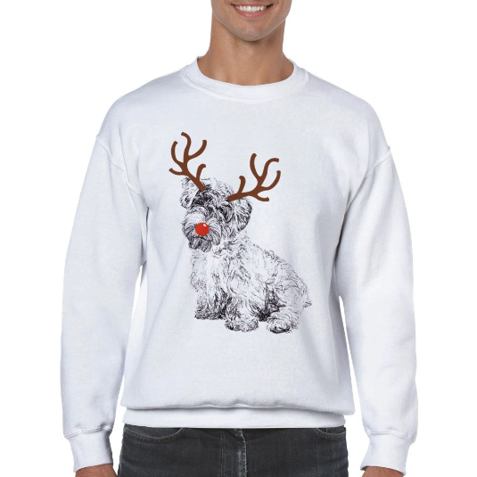 Sealyham Terrier with reindeer antlers and red nose Christmas jumper by Louisa Hill