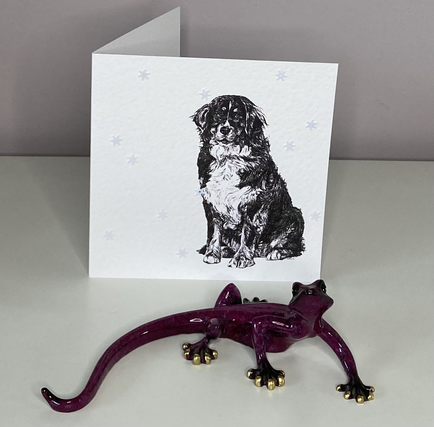 Bernese Mountain with snowflakes Christmas card by Louisa Hill