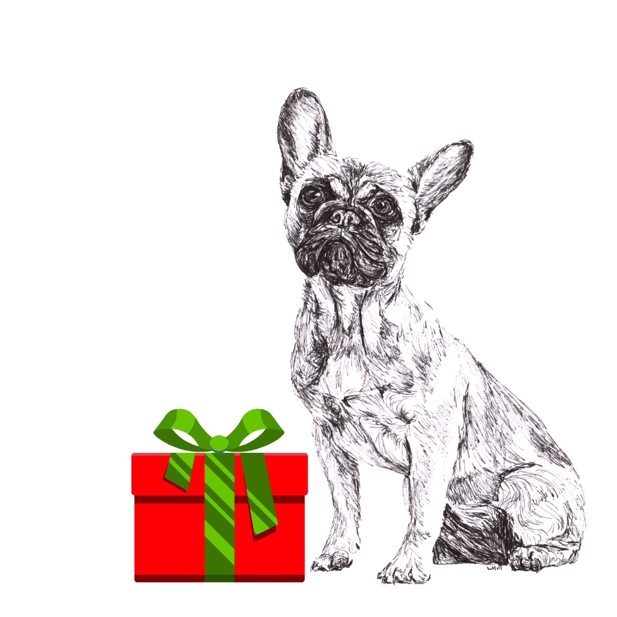 French Bulldog with reindeer antlers and red nose Christmas card by Louisa Hill