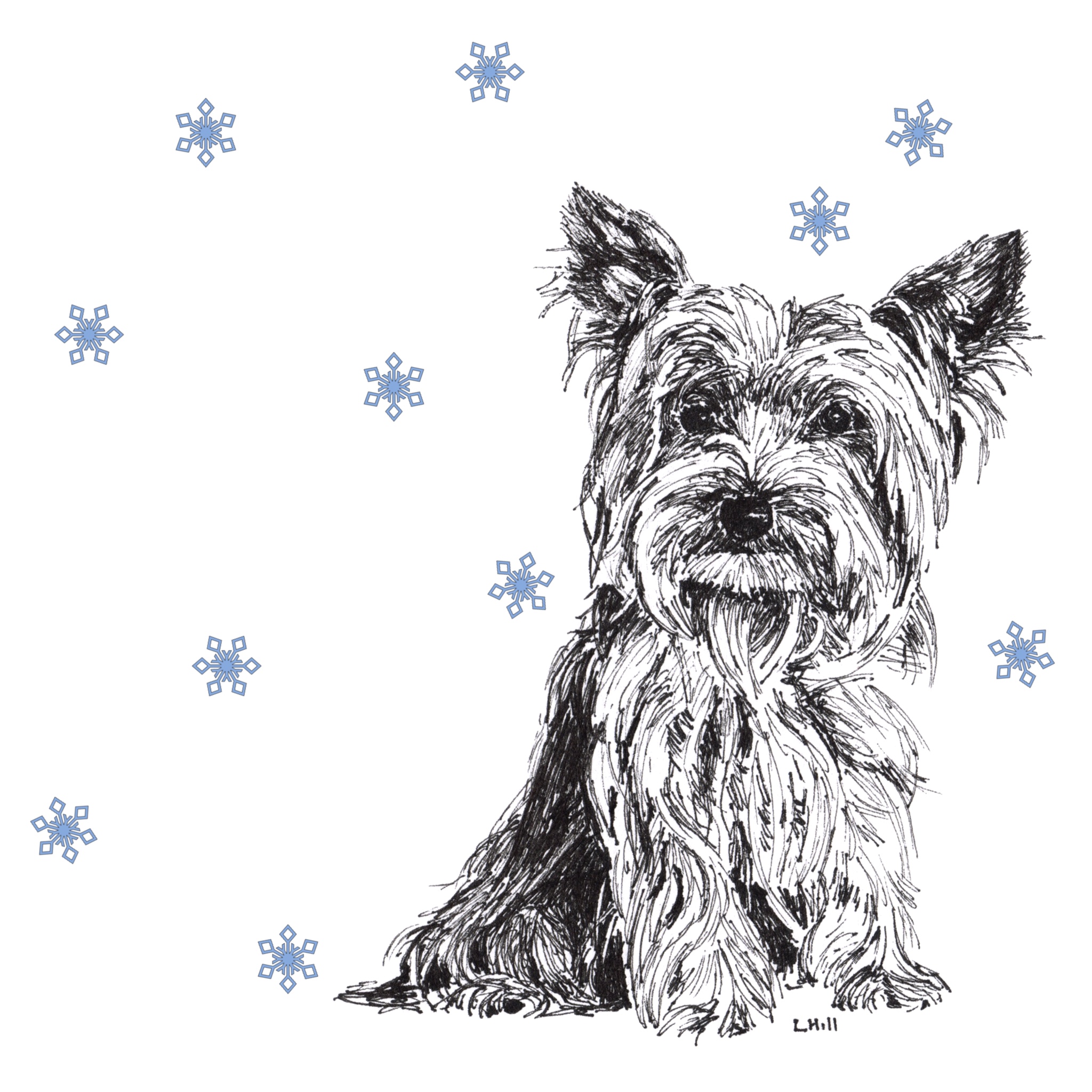 Yorkshire Terrier with reindeer antlers and red nose Christmas card by Louisa Hill