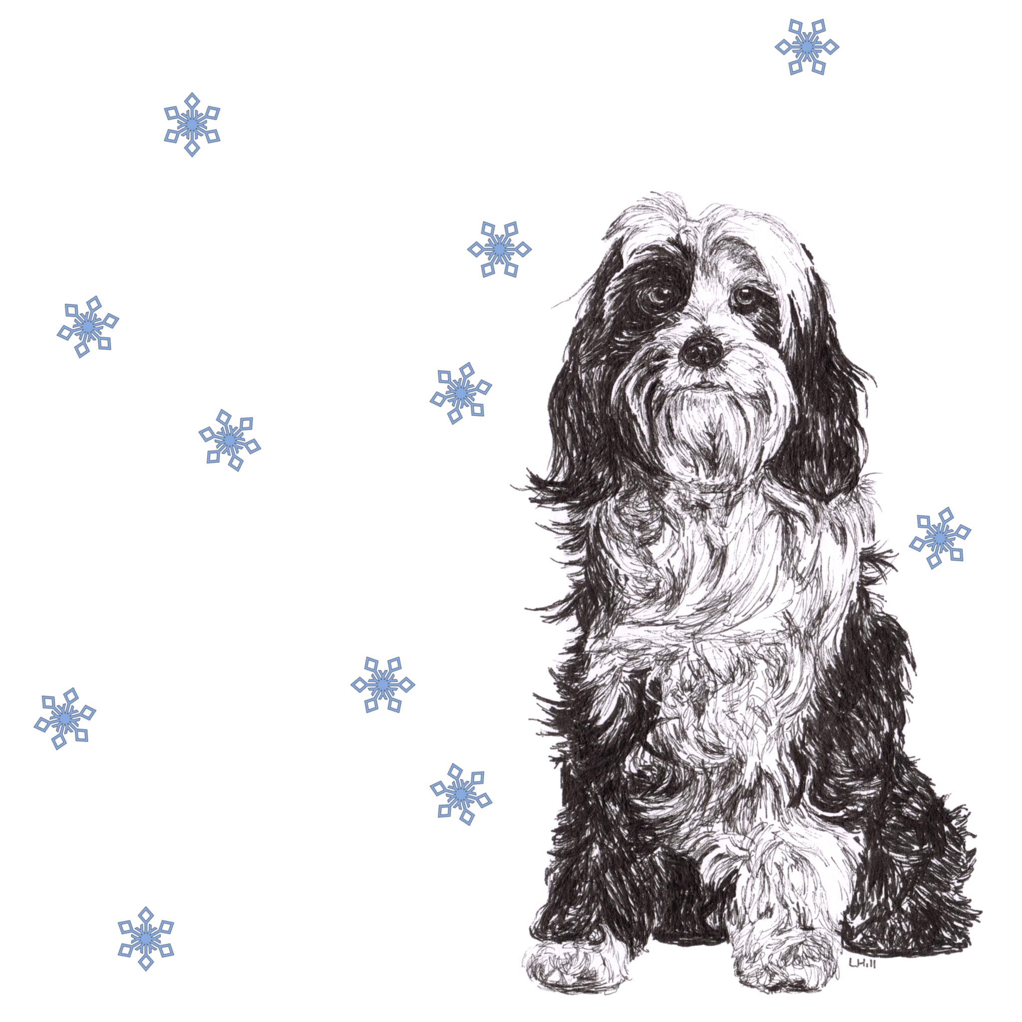 6 dogs with reindeer antlers and red noses Christmas card, Cavachon, Shih Tzu, Cocker Spaniel, Cavalier King Charles Spaniel, and Border Terrier by Louisa Hill