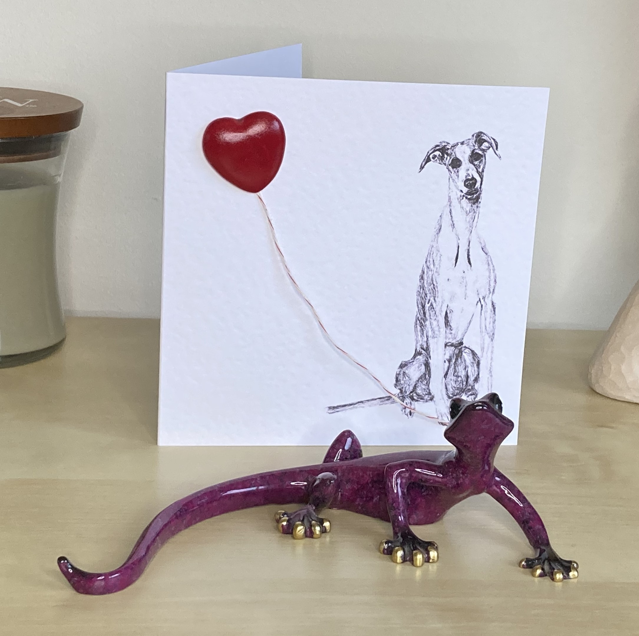 Whippet 15cm greetings card with 3D red heart balloon