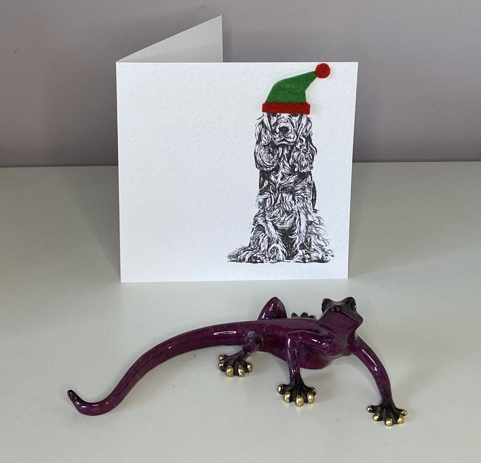 Cocker Spaniel with elf hat Christmas card by Louisa Hill