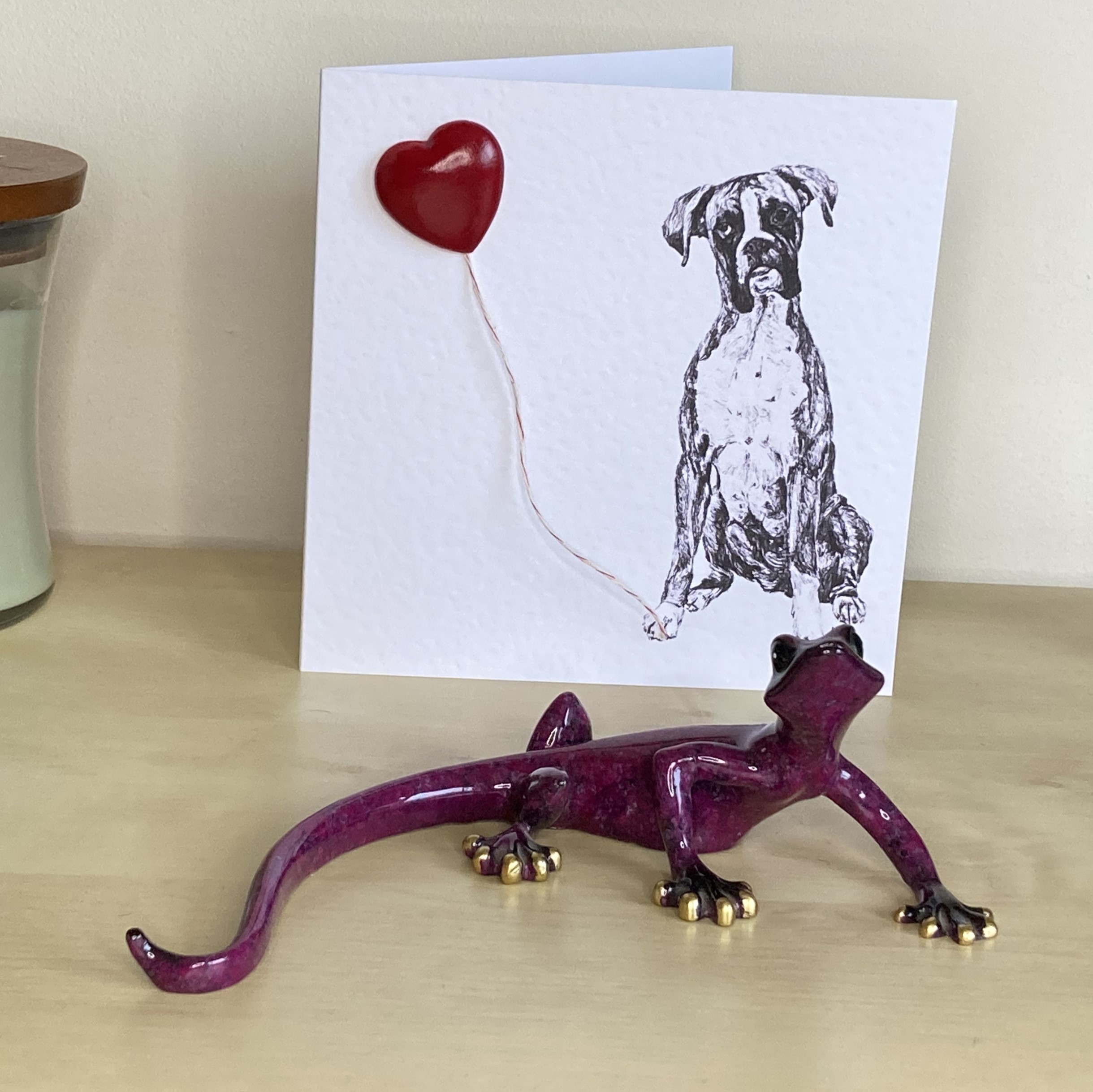 Boxer 15cm greetings card with 3D red heart balloon