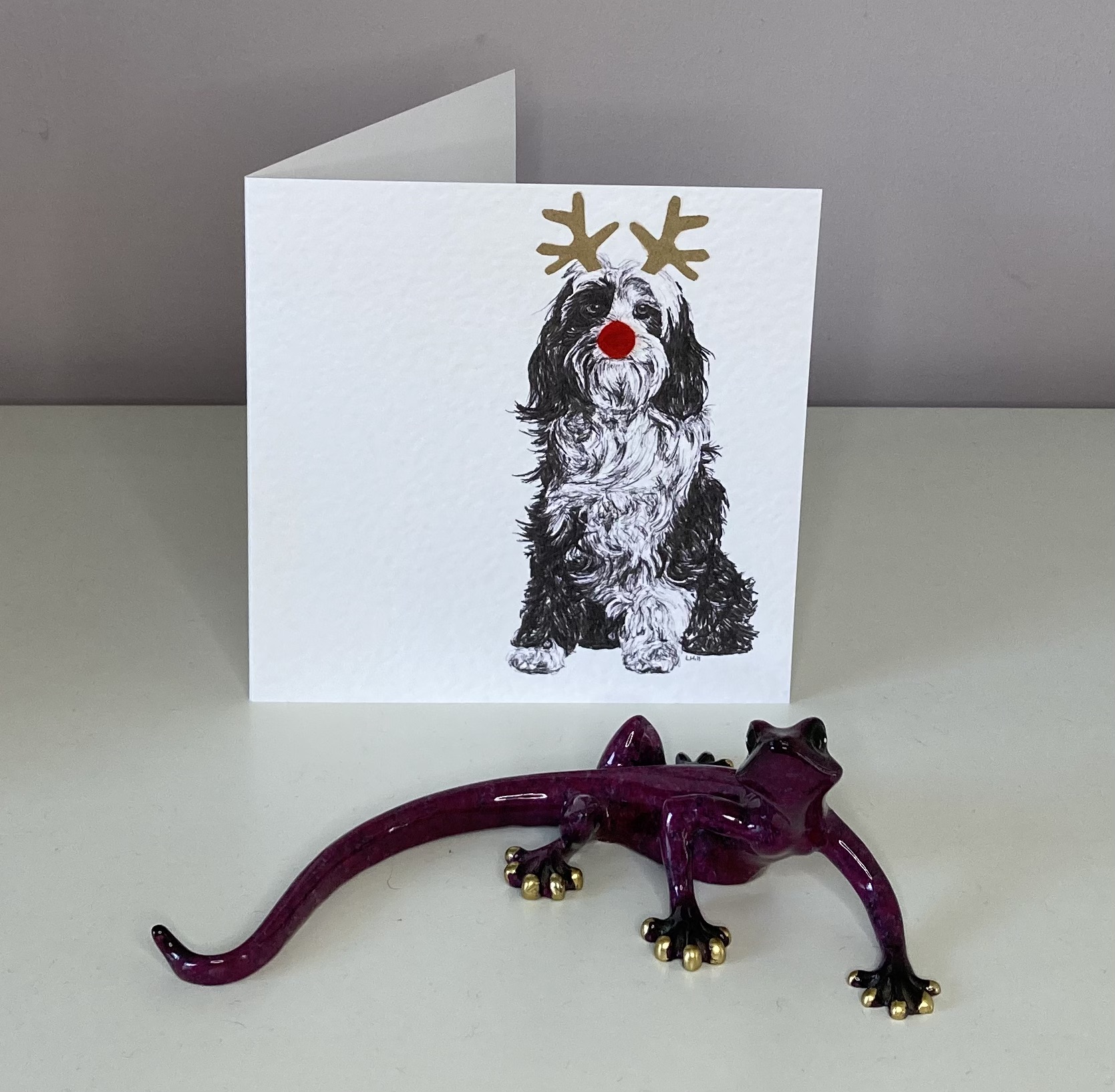 Tibetan Terrier with reindeer antlers and red nose Christmas card by Louisa Hill