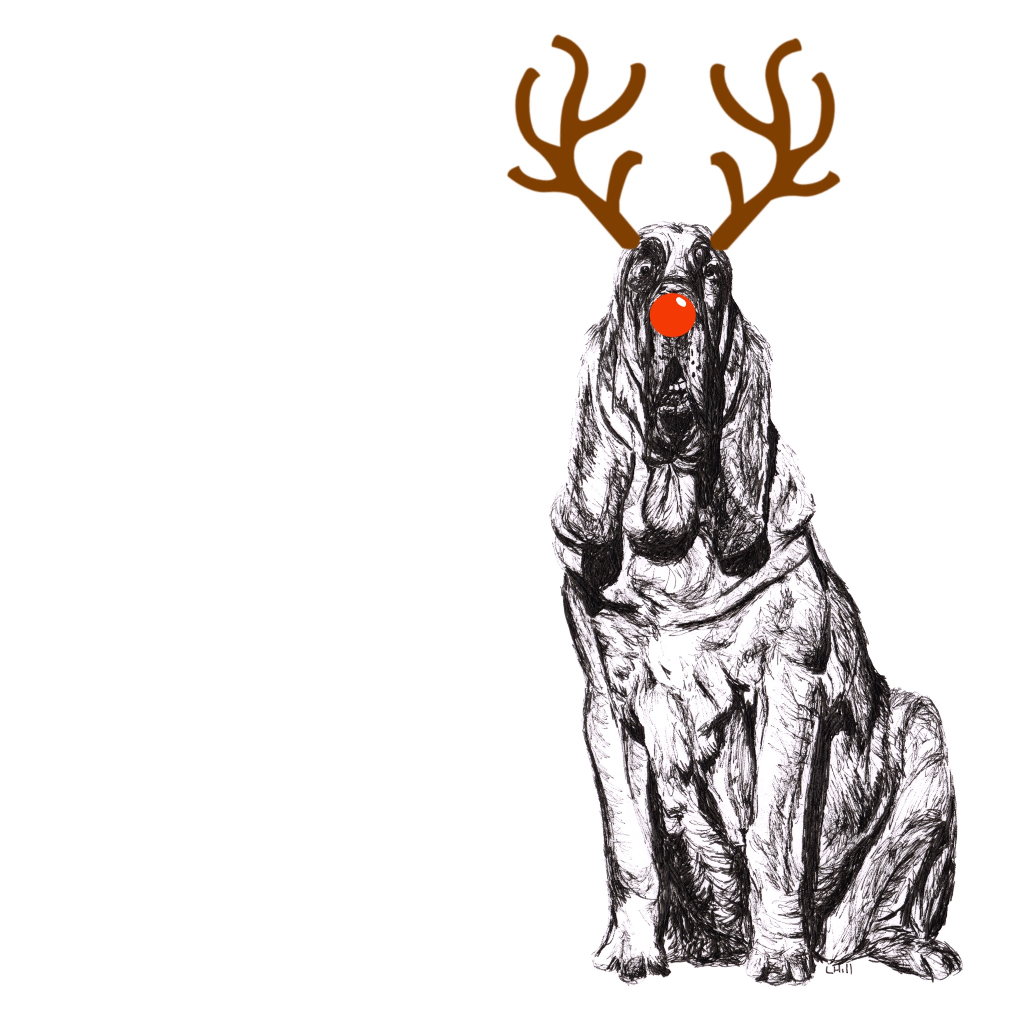 Bloodhound with reindeer antlers and red nose Christmas card by Louisa Hill