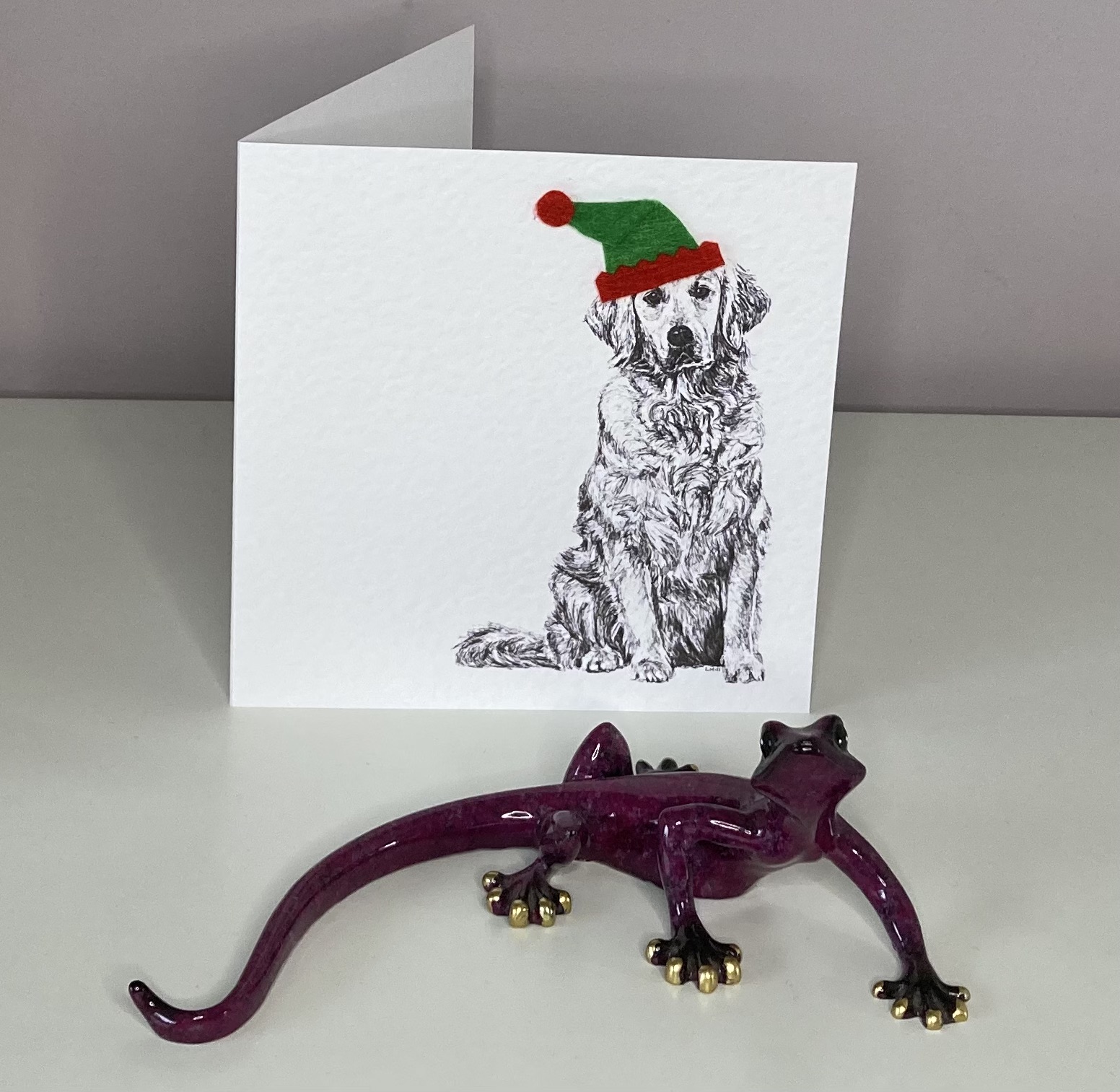 Golden Retriever with elf hat Christmas card by Louisa Hill