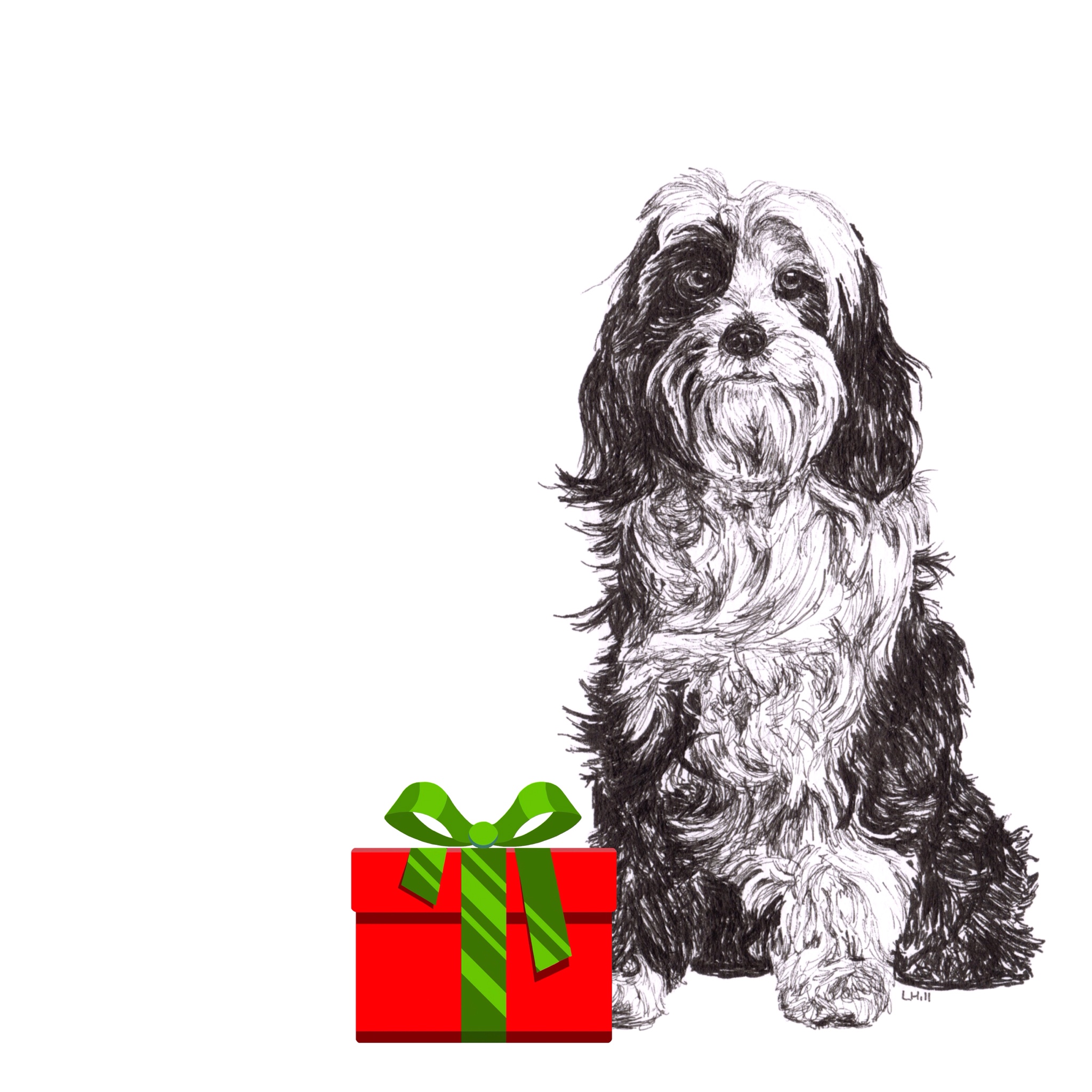 Tibetan Terrier with Santa hat Christmas card by Louisa Hill