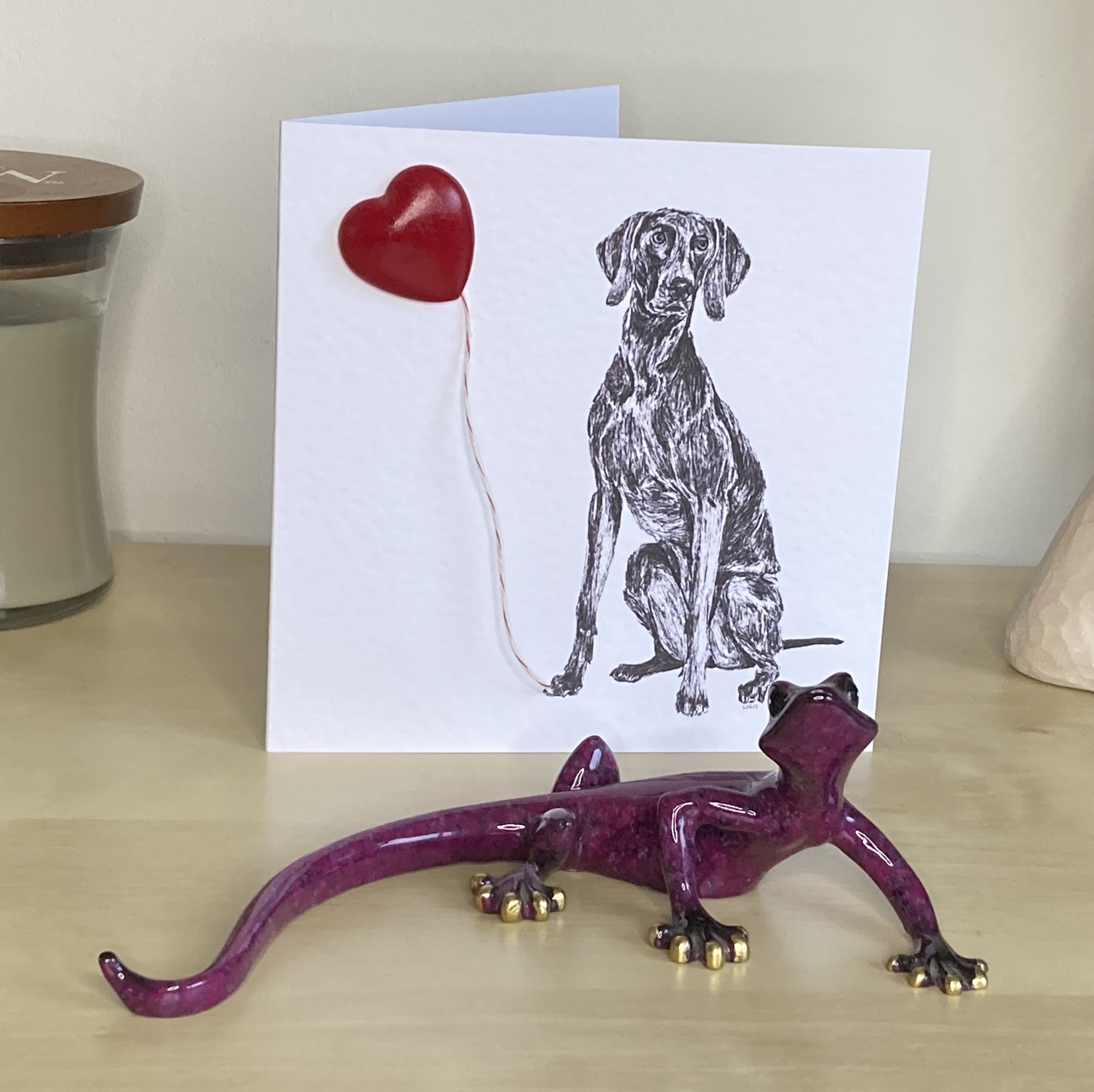 Weimaraner 15cm greetings card with 3D red heart balloon
