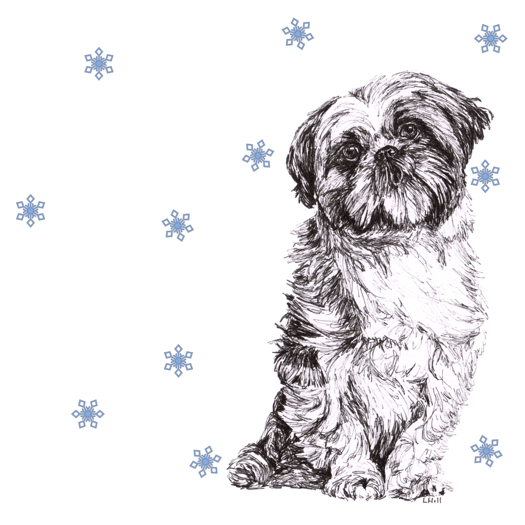 Shih Tzu with reindeer antlers and red nose Christmas card by Louisa Hill